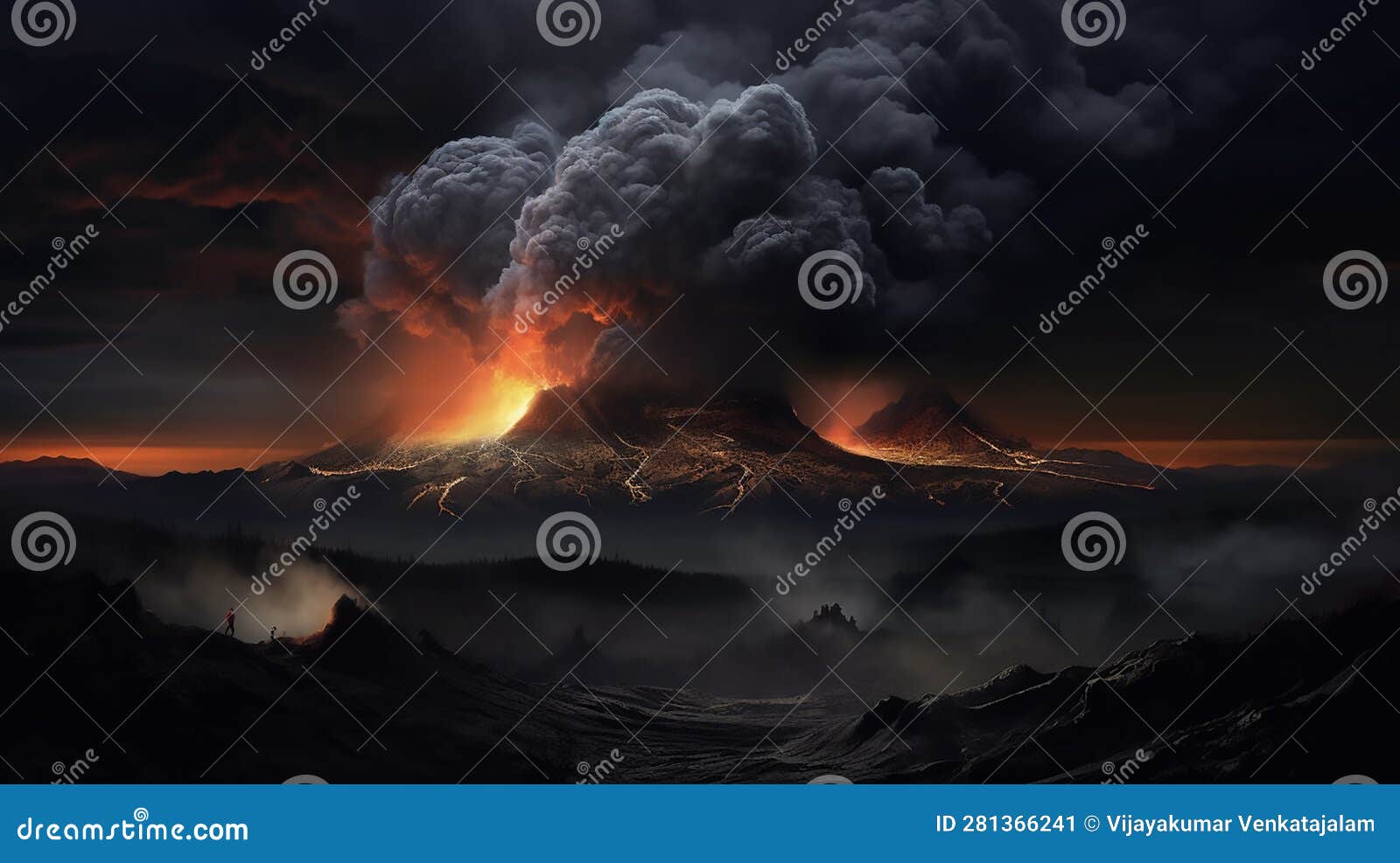 a volcano eruption as ashes dance through a moonlit landscape