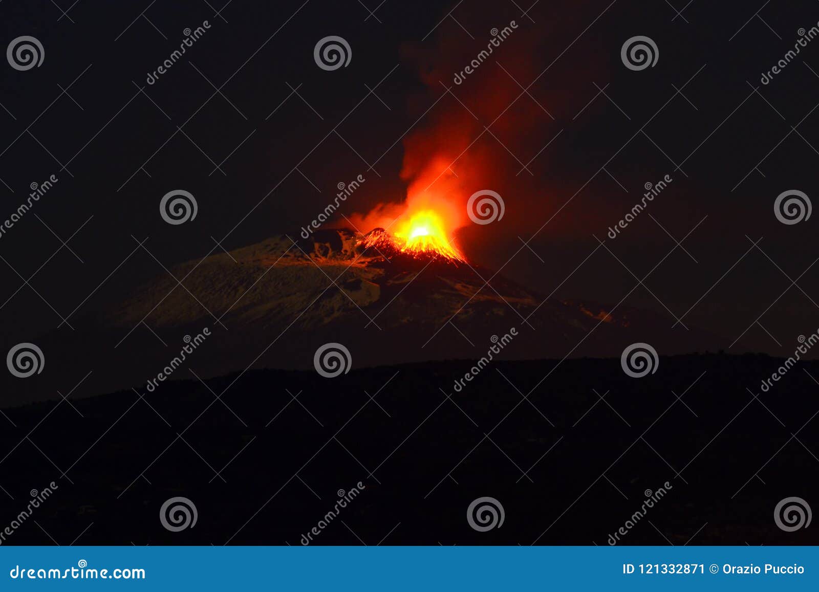 volcano eruption in the evening seen from afar etna eruption from the crater laterala view at night with a grade glow of fiery lav