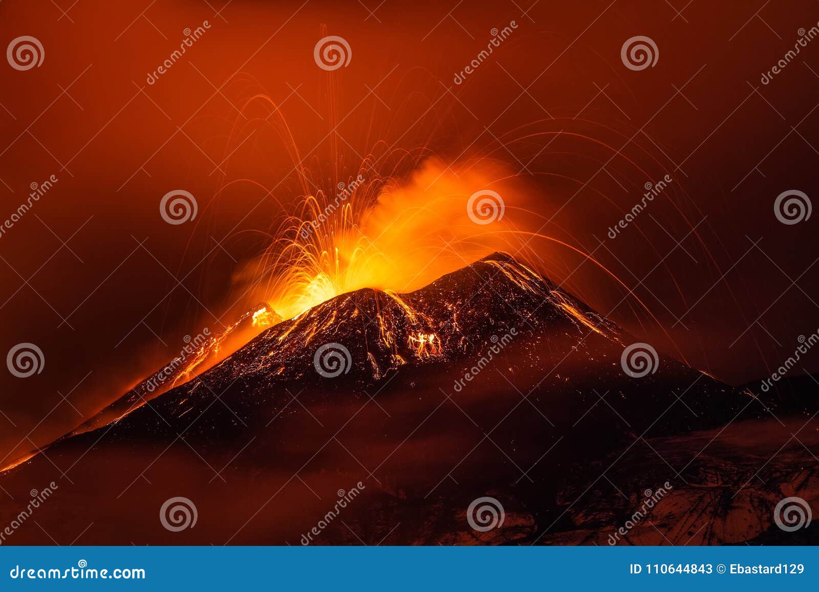 volcano eruption landscape at night - mount etna in sicily