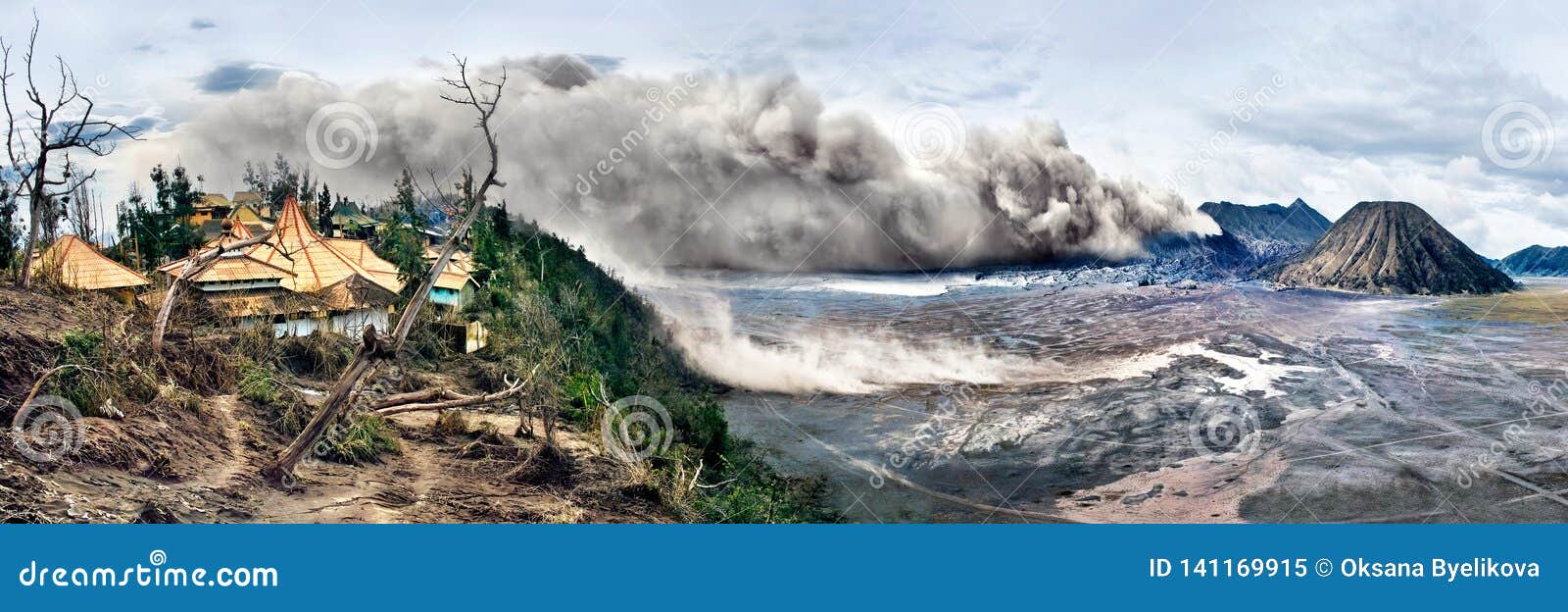 volcano eruption and ruined village. mount bromo is active volcano in east java, indonesia