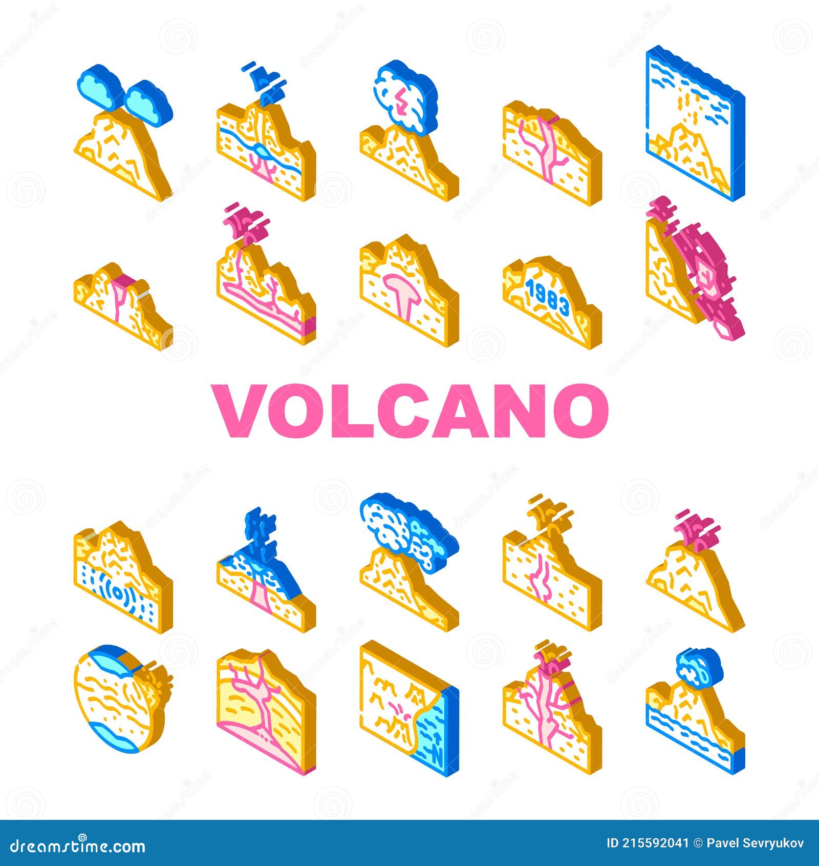 volcano lava eruption collection icons set 