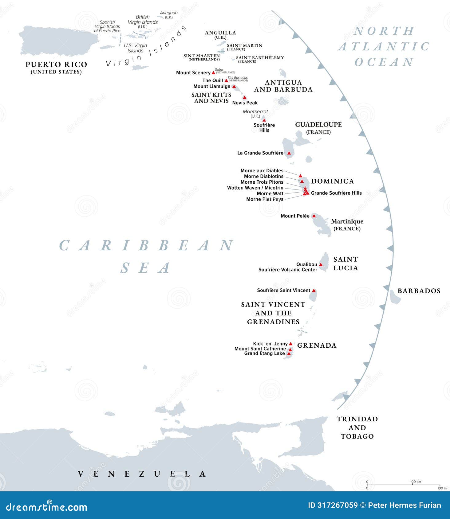 volcanoes of the caribbean islands, lesser antilles island arc, political map