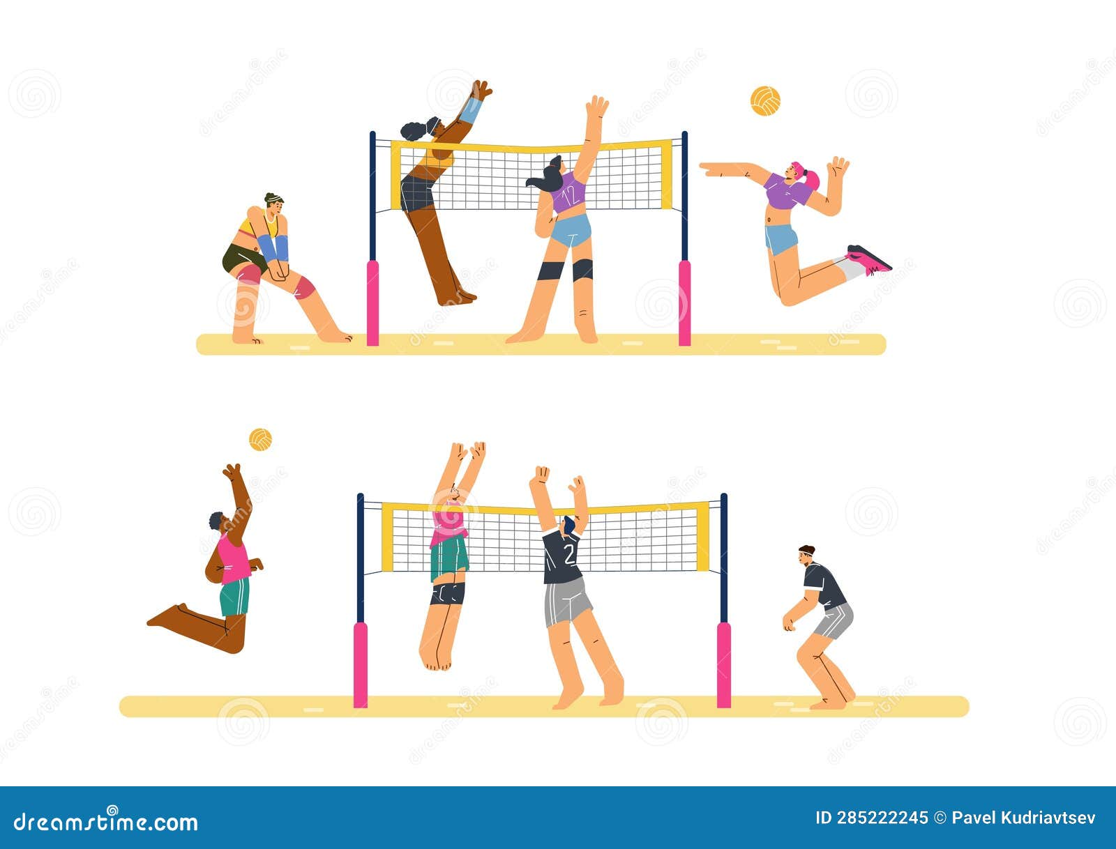 Volleyball Game Set with Players Characters, Flat Vector Illustration ...