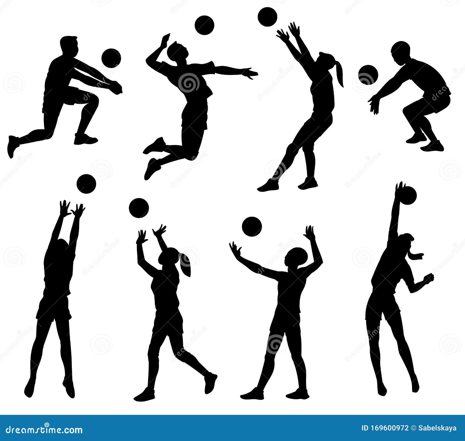 Volleyball Player Black Silhouette Set Isolated on White Background ...