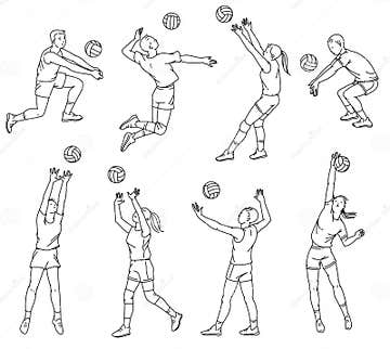 Volleyball Players Line Silhouettes Set of Sketch Vector Illustrations ...