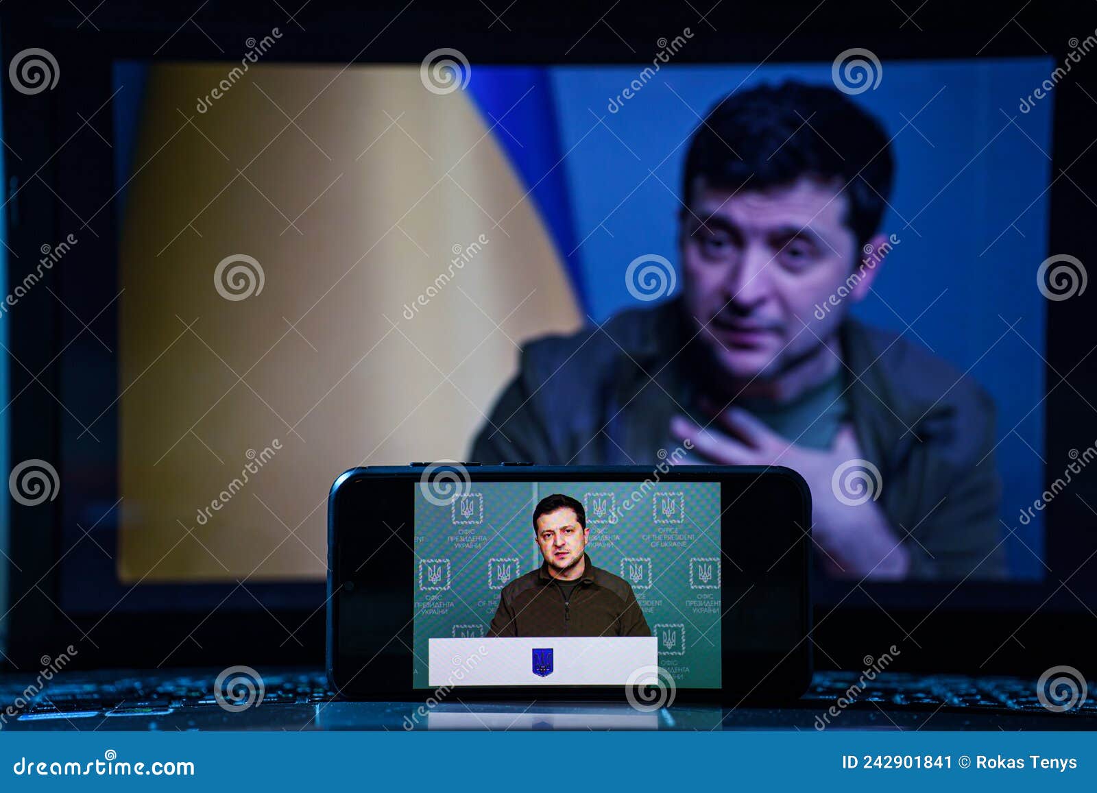 Volodymyr Zelensky the president of Ukraine on TV. Volodymyr Zelenskyy speech to people on TV
