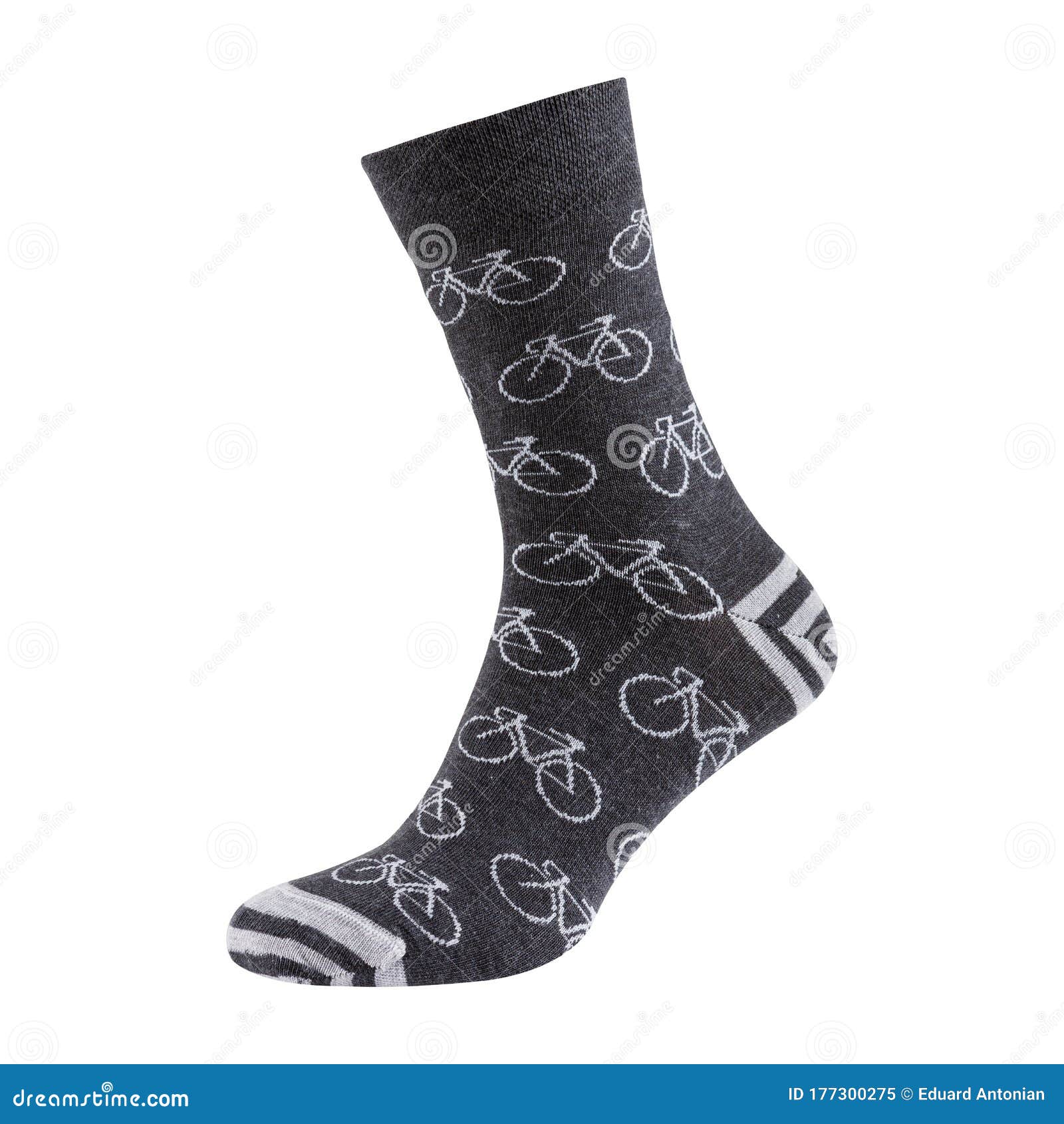 Voluminous Dark Gray Men`s Sock with a Bicycle Pattern, on a White