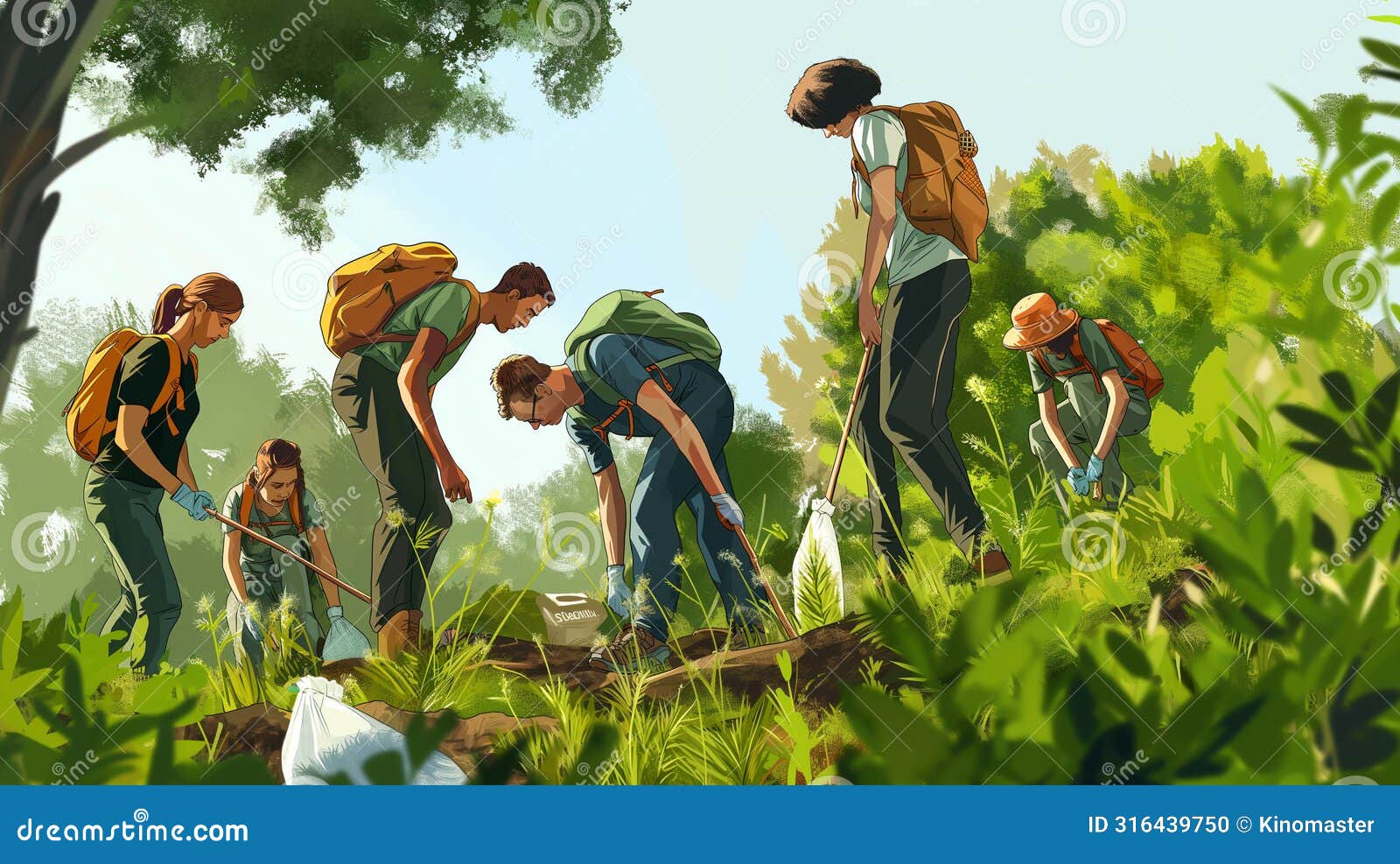 volunteers cleaning litter in forest. generative ai