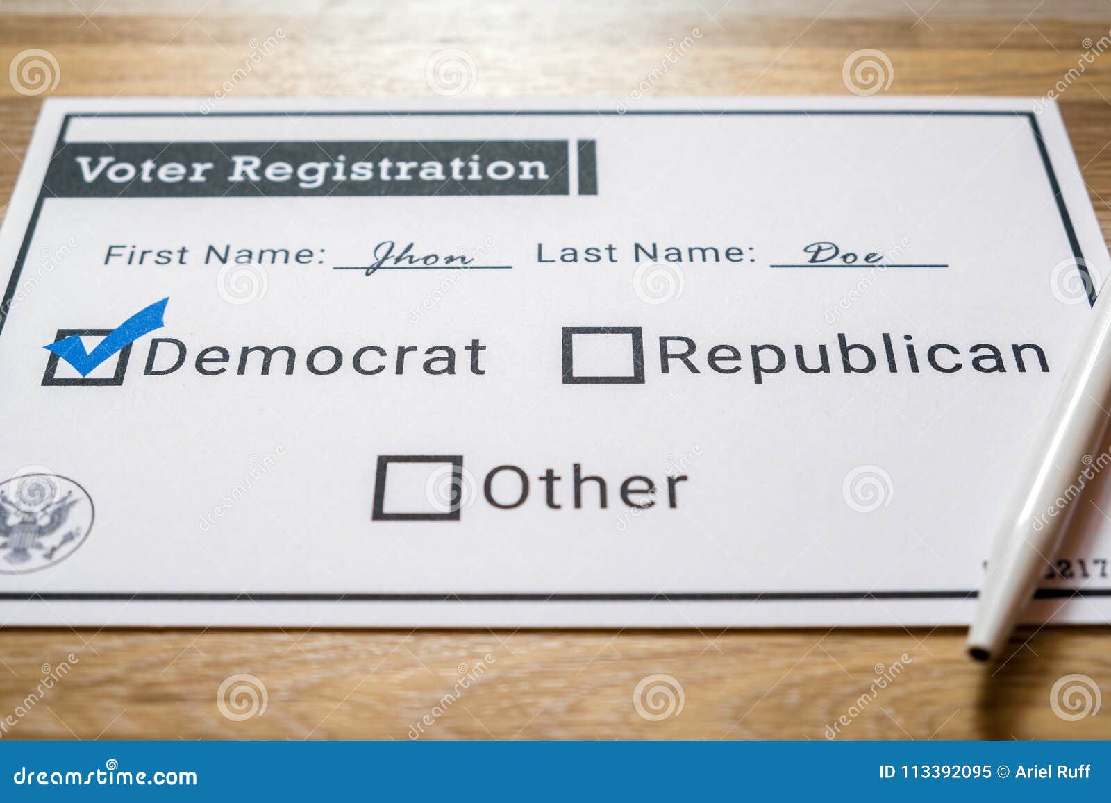 voter registration card with democratic party selected - close up