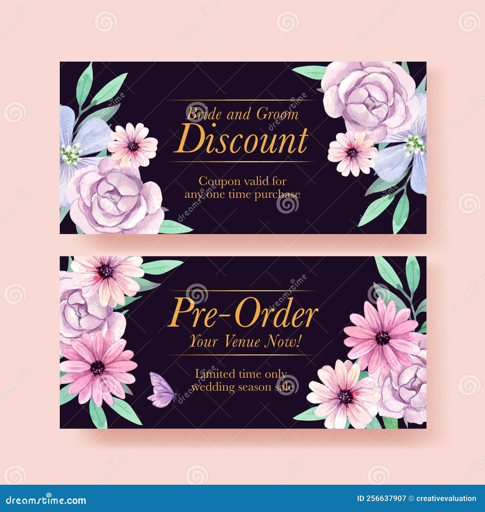 Voucher Template with Peri Spring Flower Concept,watercolor Style Stock