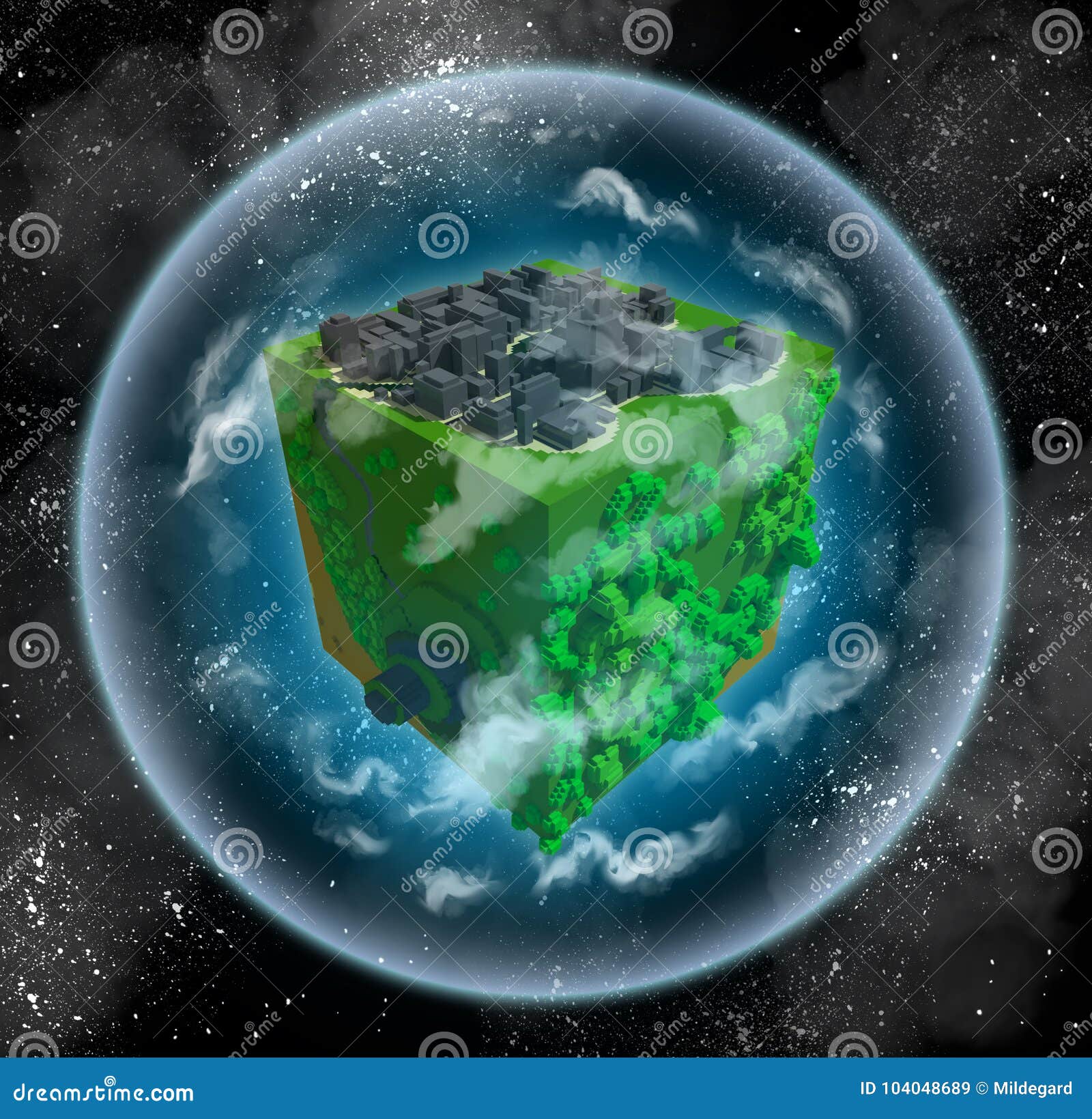 voxel planet with grey city and green forest