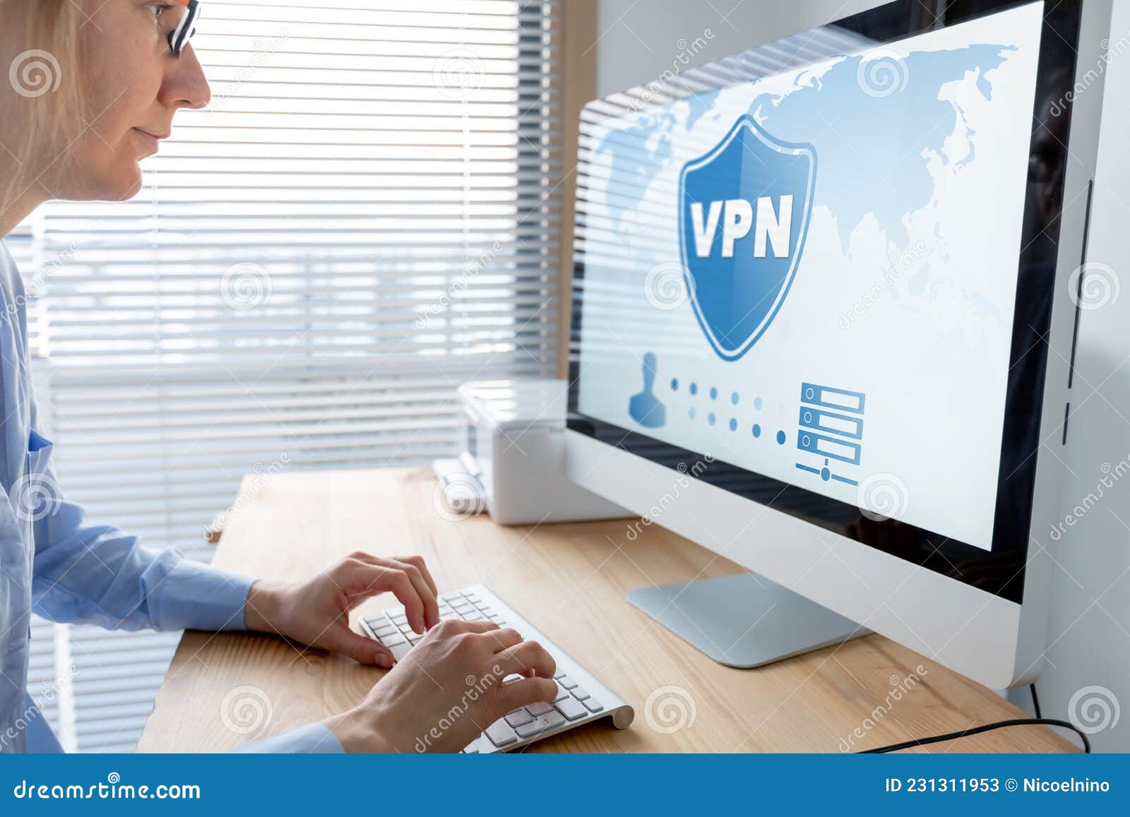 vpn secure connection for telecommuter. person using virtual private network technology on computer to create encrypted tunnel to