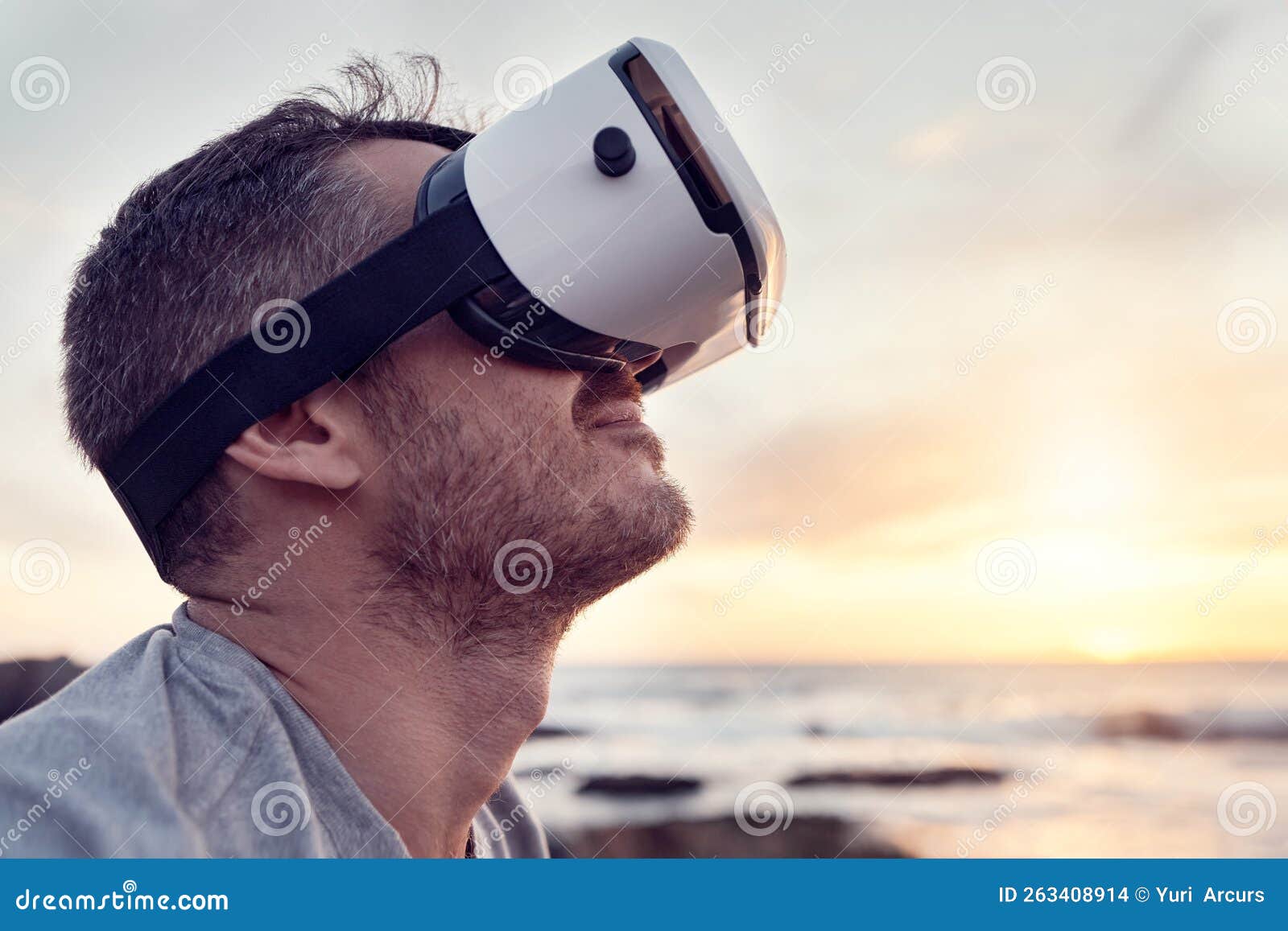 VR, Beach and Metaverse with a Man in a Nature Using a Wireless Headset