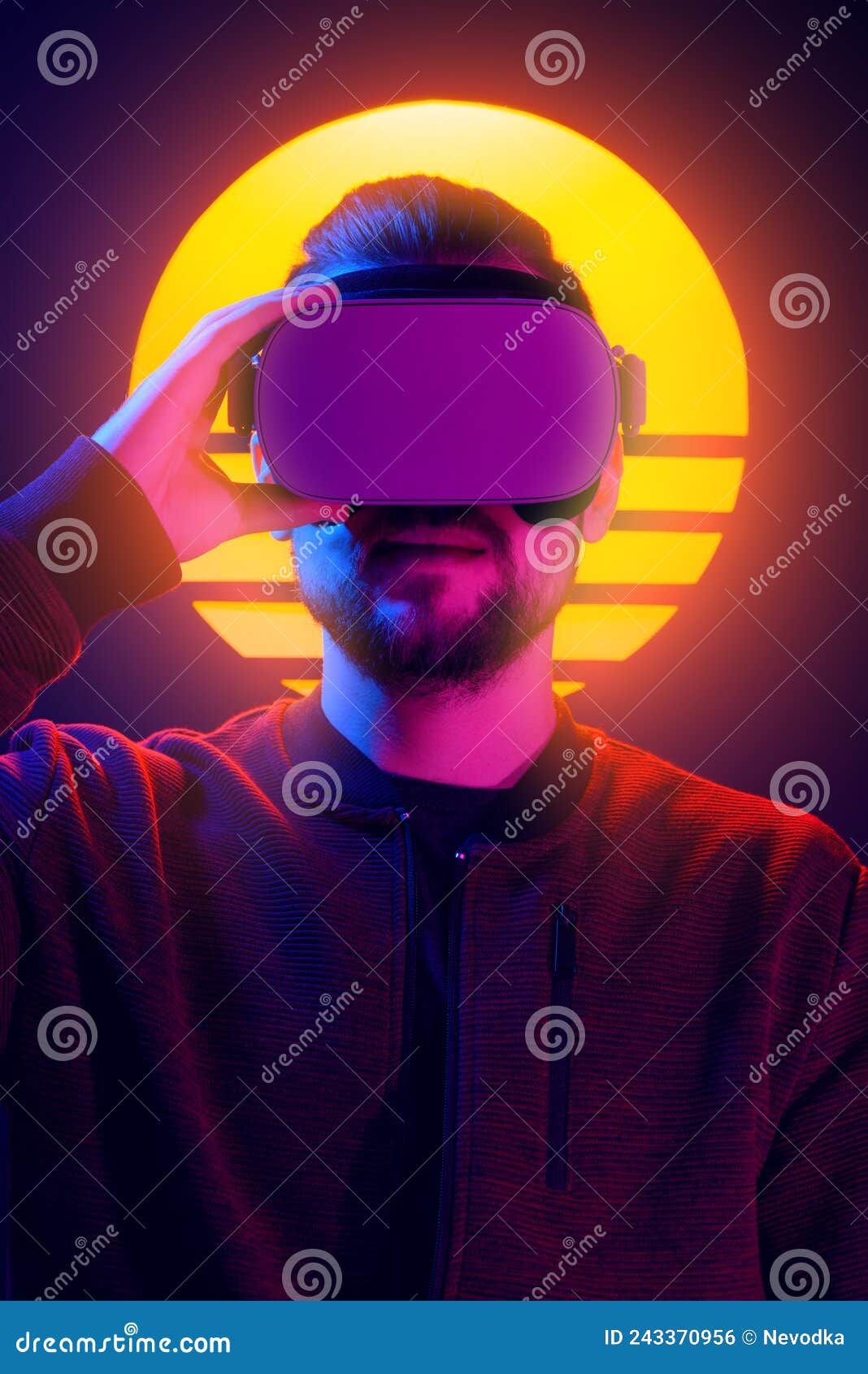 vr head set videogame in 80`s synthwave and retrowave futuristic vaporwave aesthetics