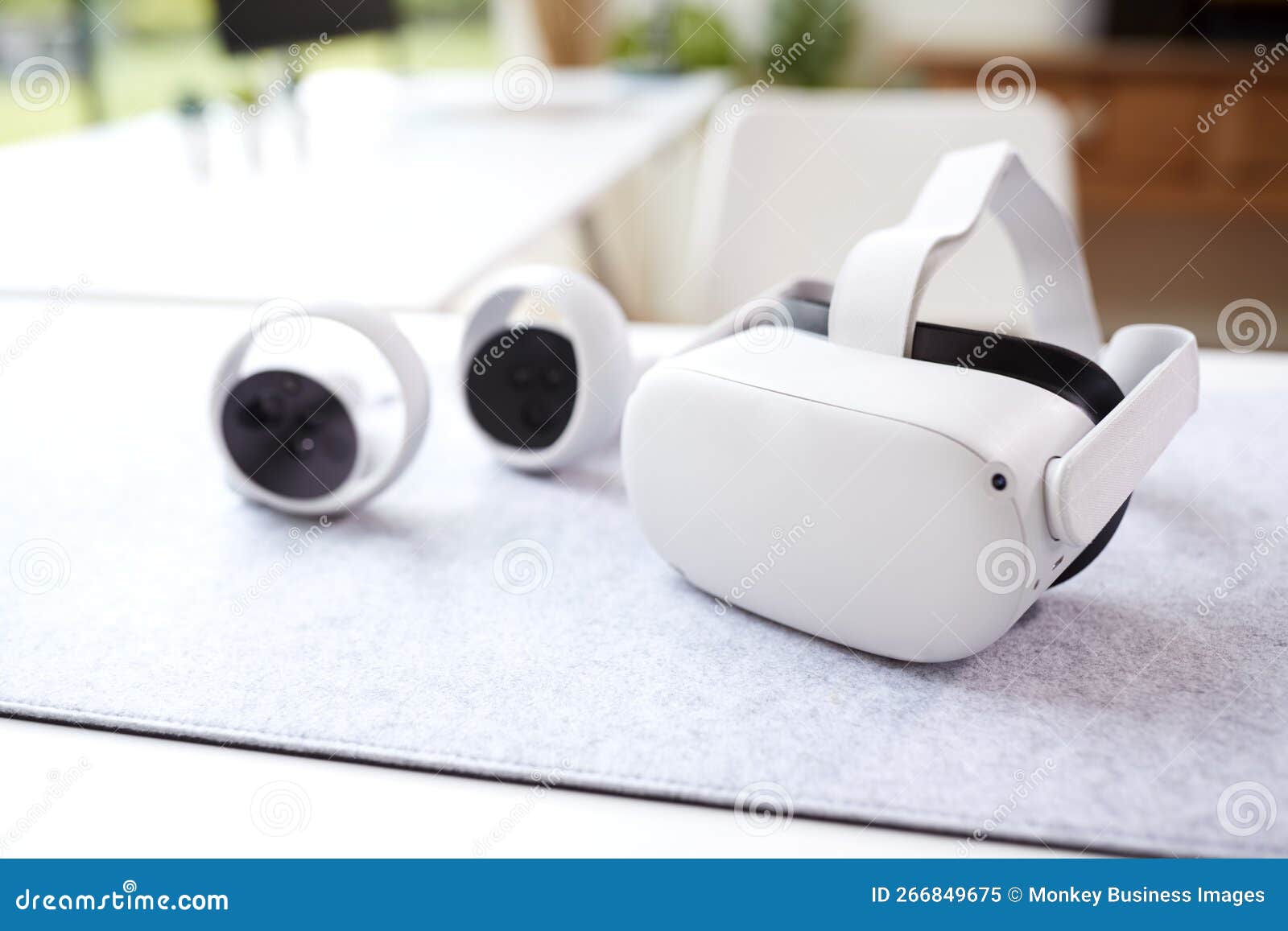 VR Headset and Gaming Controllers on Table at Home Stock Image Image