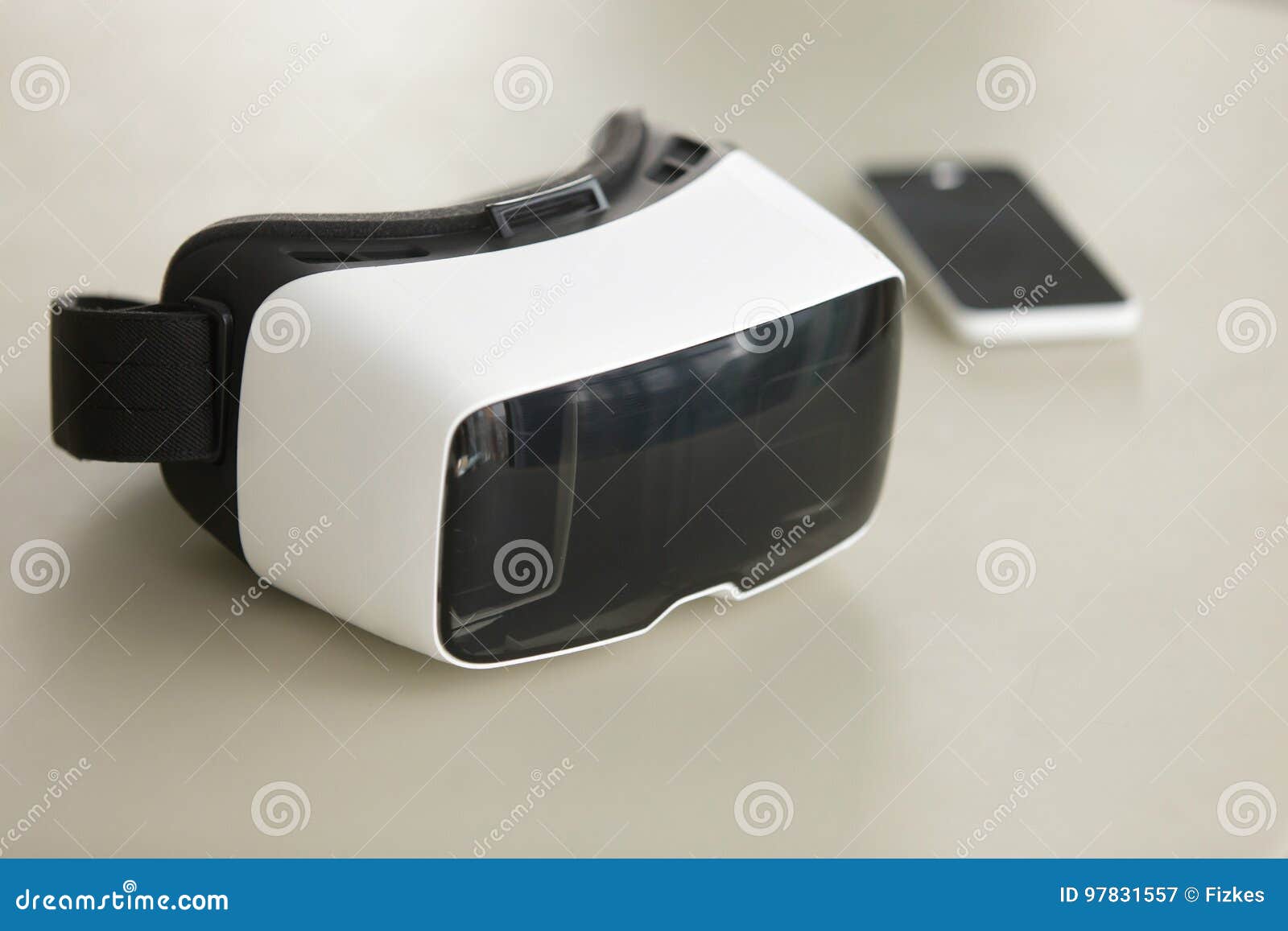 VR Headset and Smartphone on Desk, Virtual Techno Stock Image of features, mobile: 97831557