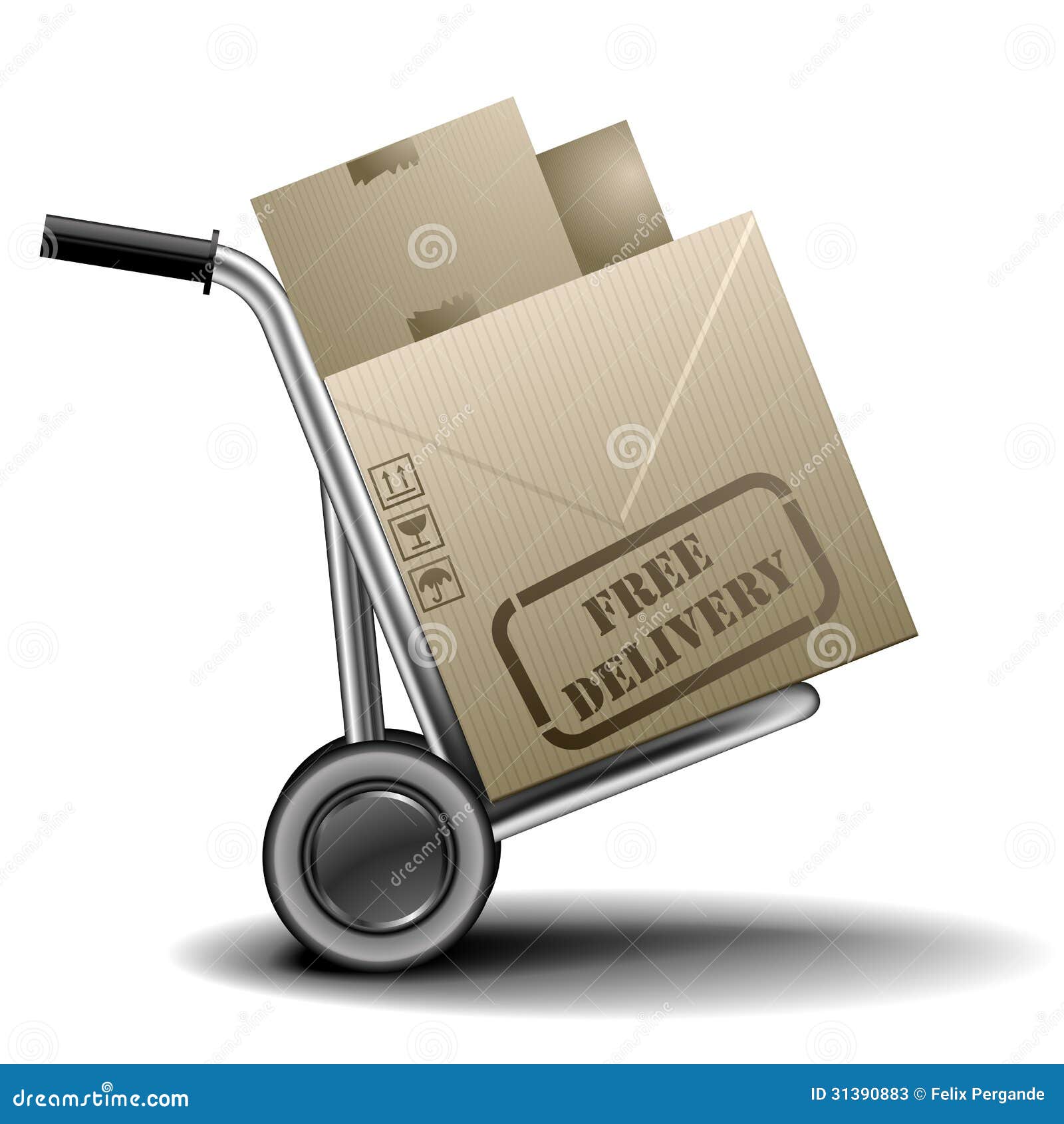 Vrije levering handtruck. Gedetailleerde illustratie van een handtruck of een karretje met cardboxes met vrij leveringsetiket op hen
