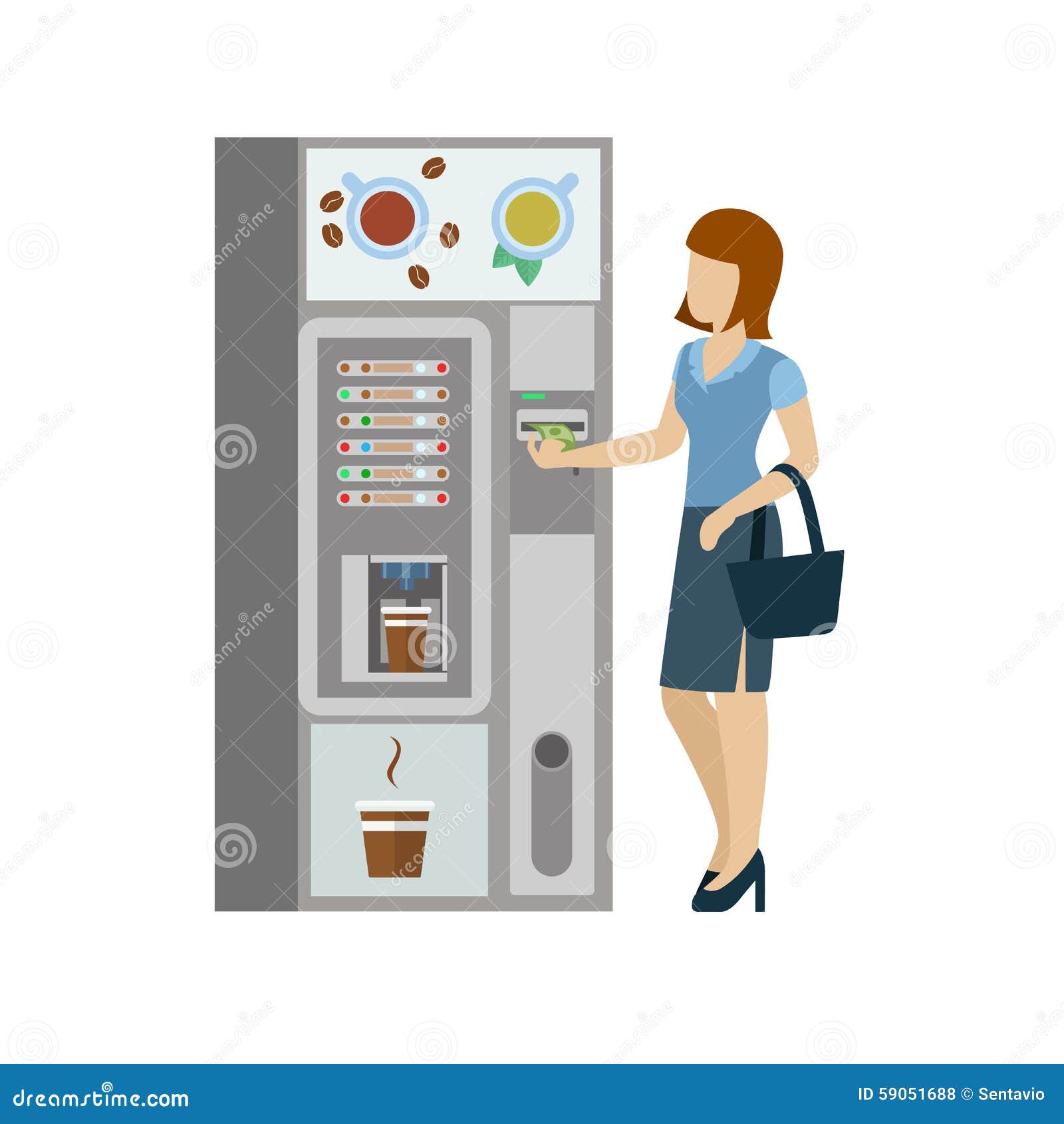 Vrouw en koffie automatische machine in vector vlakke koffiepauze. De jonge onderneemster van het vrouwen vrouwelijke meisje vóór koffie automatische machine Vlakke de situatiekoffiepauze van de mensenlevensstijl Jonge creatieve menselijke vectorillustratieinzameling