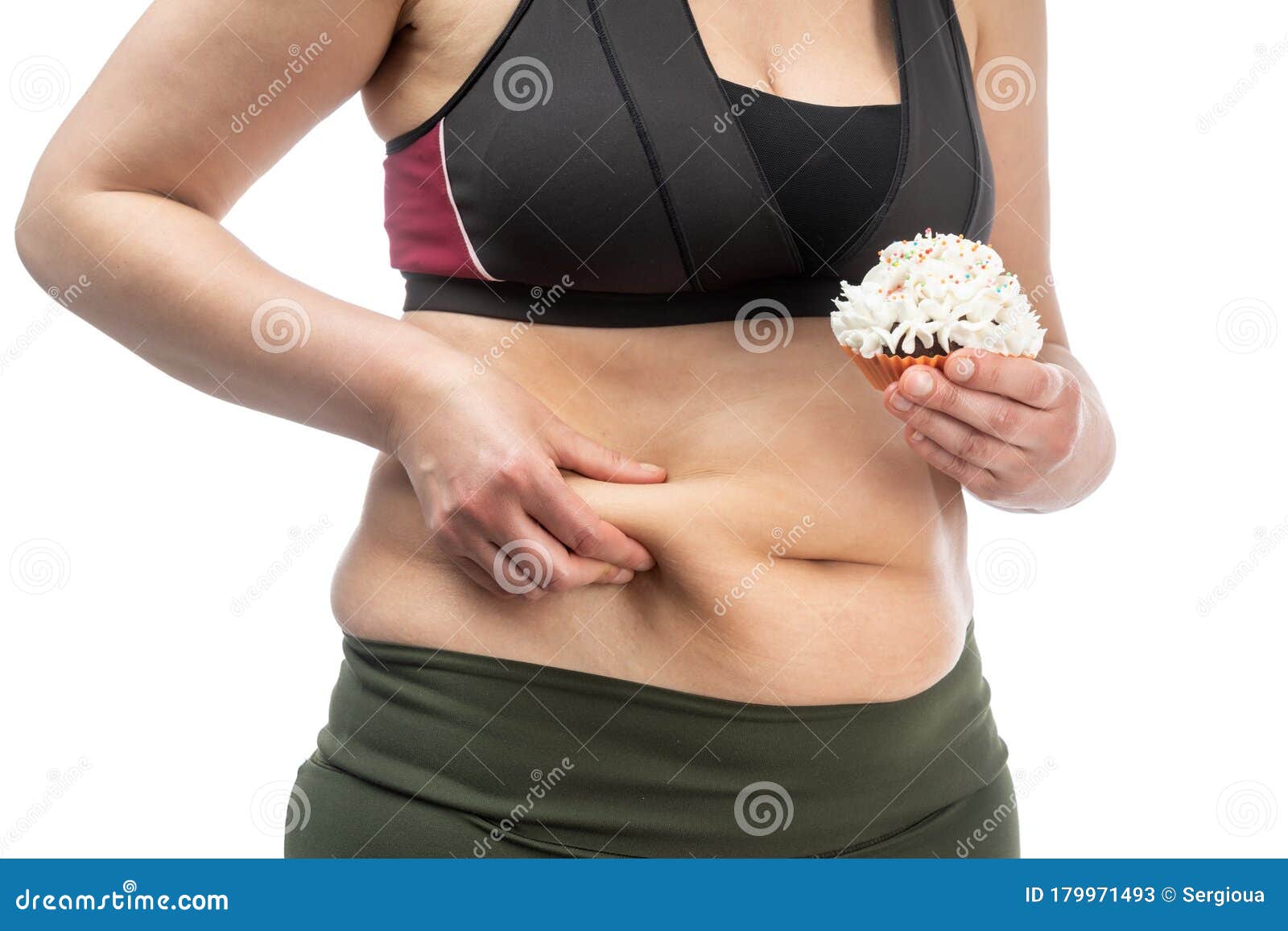 Vrouw Met Vetopvouwen Op De Maag Met Een Cupcake En Chocolade In De Hand Begripelijk Beeld Van Obesitas Sluiten, Geïsoleerd Op Stock Afbeelding - Image Of Lichaam, Gebak: 179971493