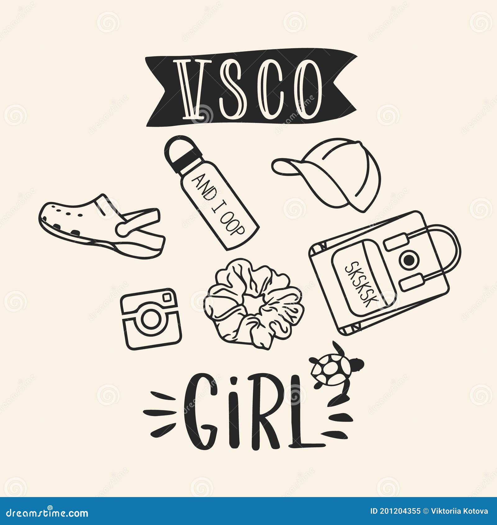 vsco girls.  of a scrunchies, sea turtles,  water bottles, backpack . for posters, cards, banners and t-shirt .