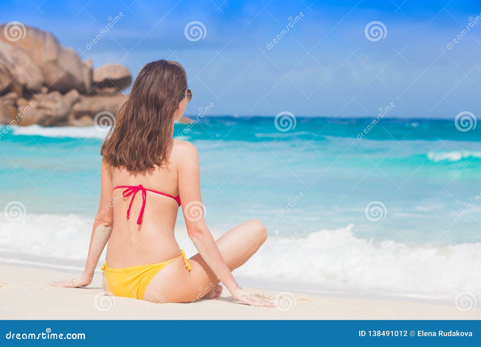 Vue Arrière De Femme Aux Cheveux Longs Dans Le Bikini Sur La