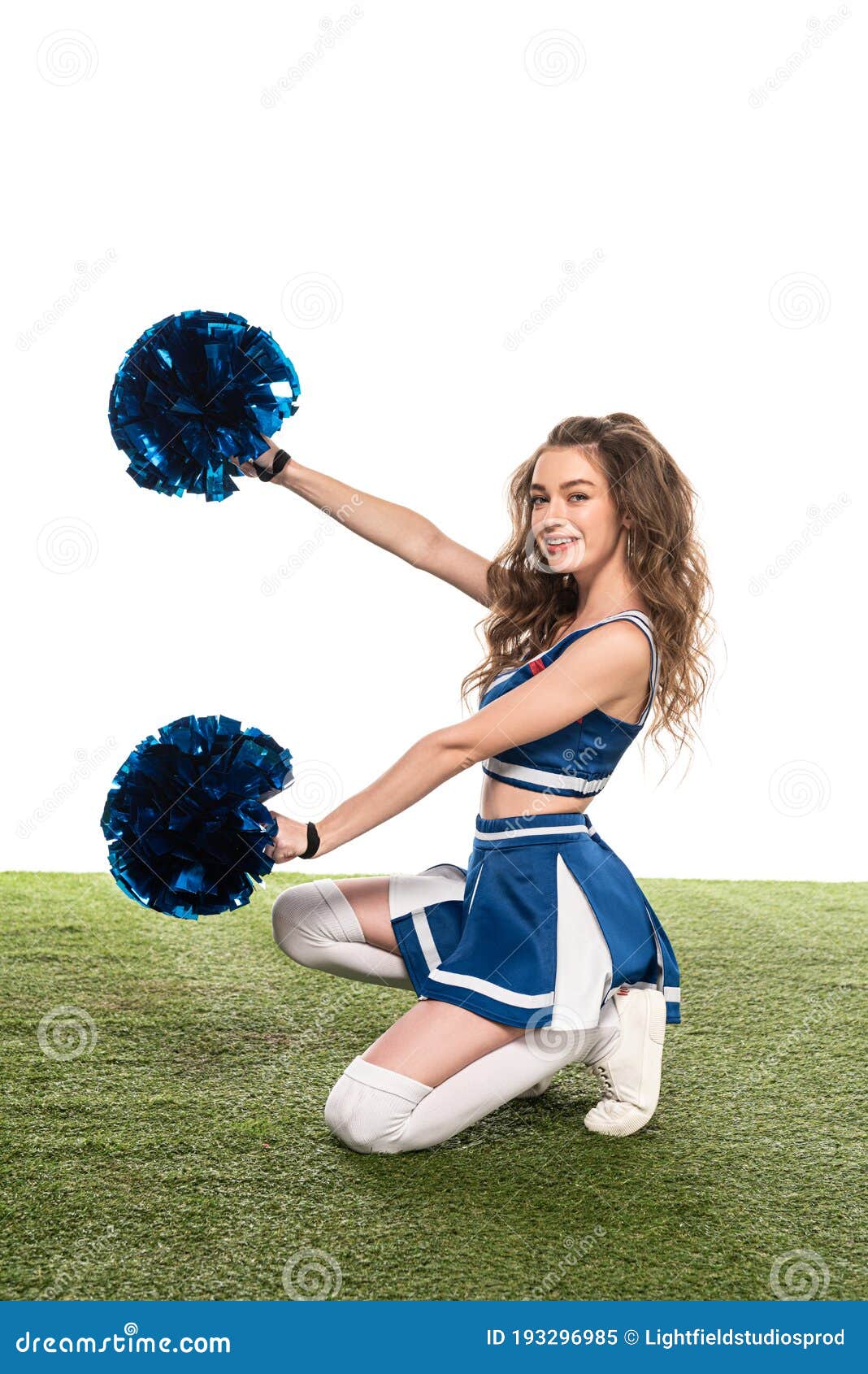 Sexy Heureux Cheerleader Fille Uniforme Bleu Avec Pompons Dans Les