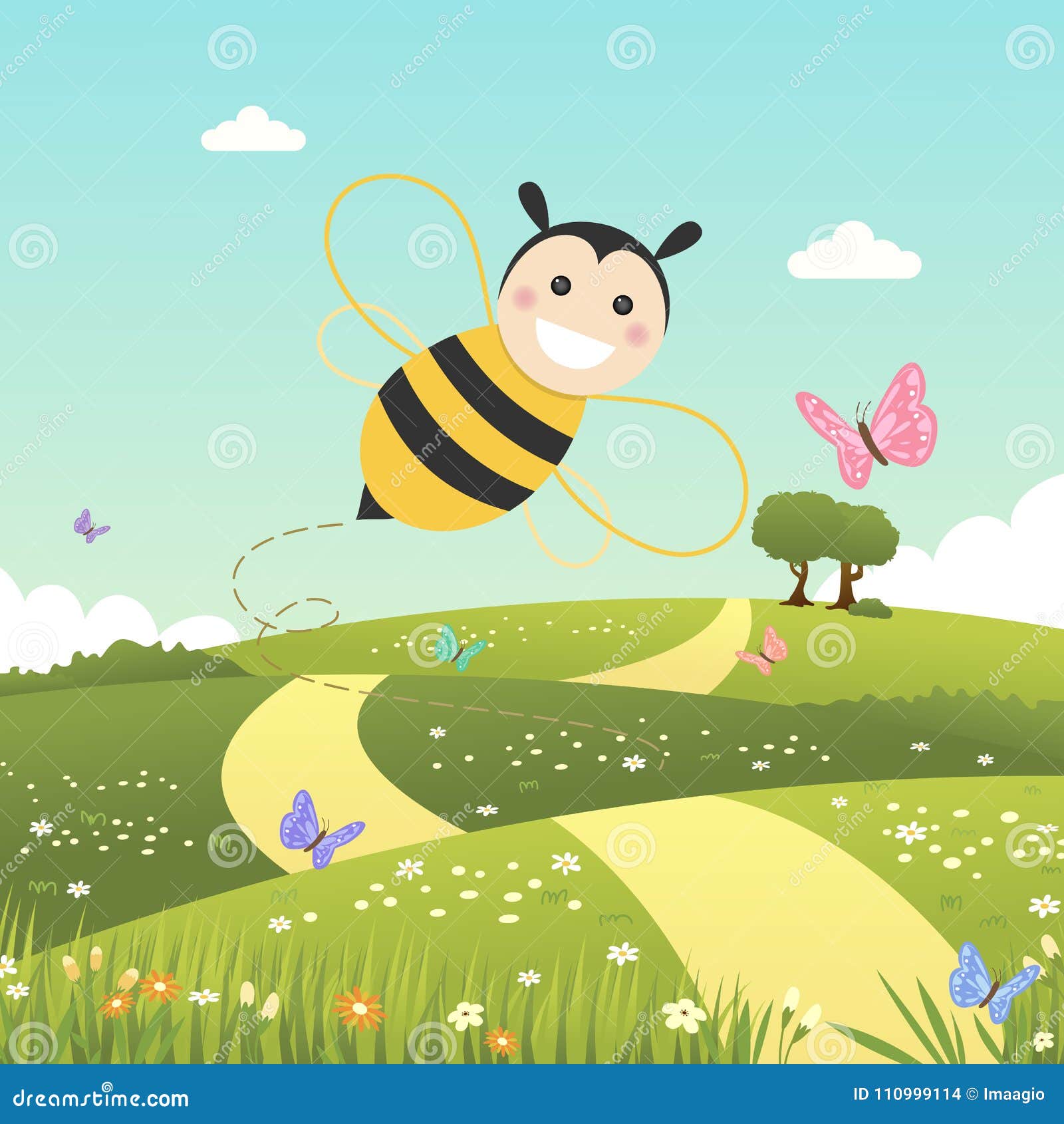 Vuelo Feliz De La Abeja En Un Día De Primavera Ilustración del Vector -  Ilustración de abeja, fondo: 110999114