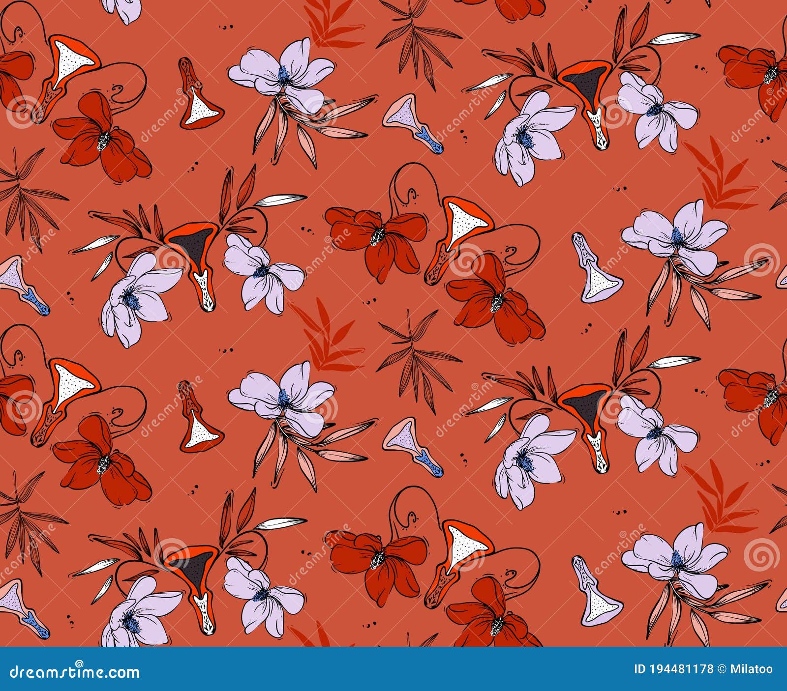 vulva paradise plants, funny vagina pattern in red violet colors. seamless repeat pattern  hibiscua, peony tender flowers