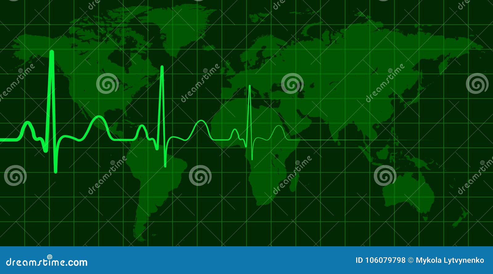 Världskarta med cardio pulsvektorbegrepp av den globala ändring, krisen och katastrofer, nyhetshändelser. Världskarta med cardio pulsvektorbegrepp av global ändring, kris och katastrofer, nyhetshändelsepolitikväder och miljö
