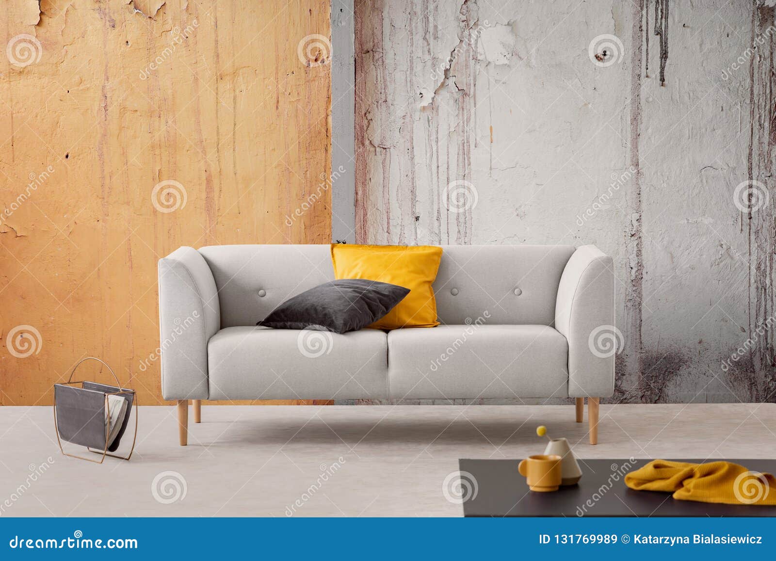 Wabi Sabi Living Room With Shabby Wall And Furniture And Floor