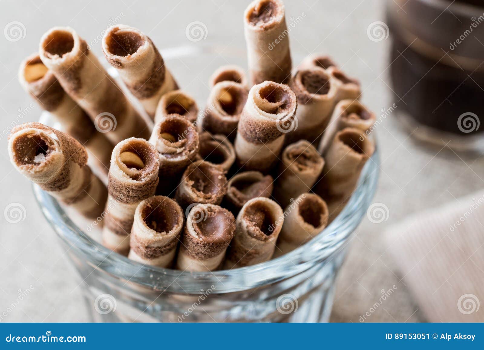 Wafer Rolls in Glass Cup with Coffee. Stock Image Image of decoration