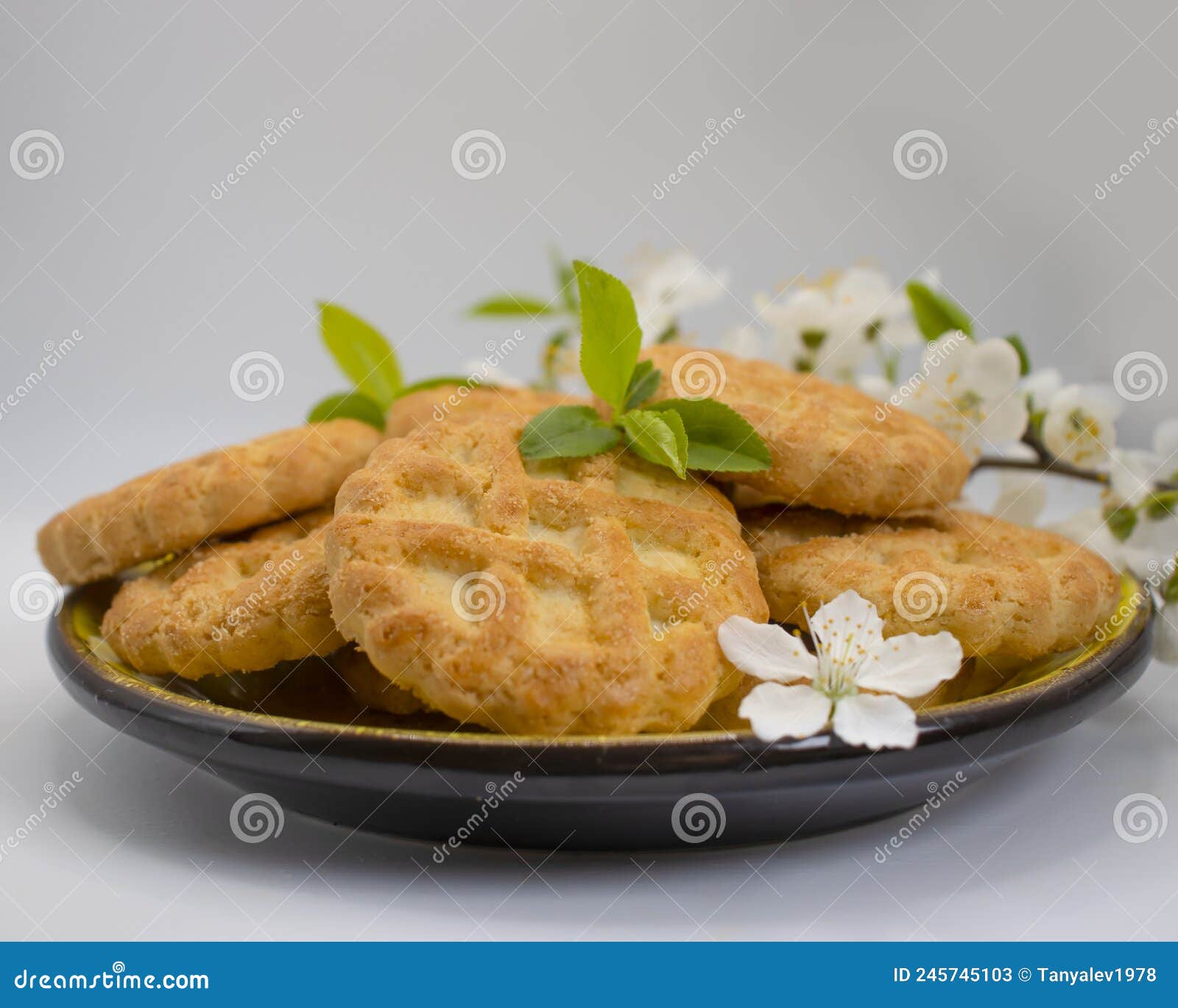 Waffle, Cherry Blossoms on a Seasonal Background Dessert Stock Image