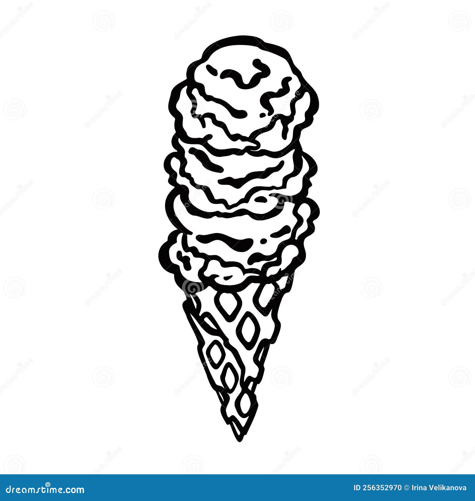 Waffle Cone with Three Scoops of Ice Cream, Sorbet, Vector Illustration