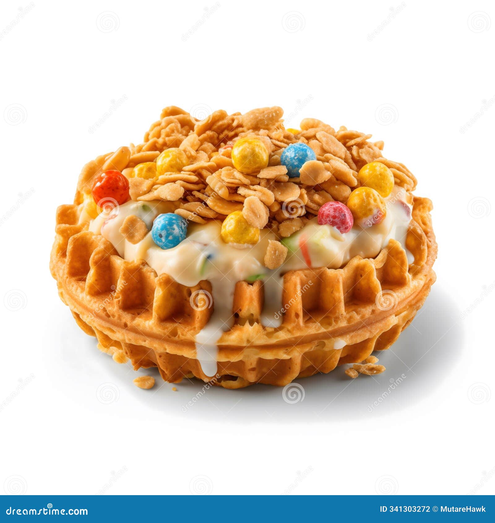 waffle dessert with ice cream, cereal, and granola