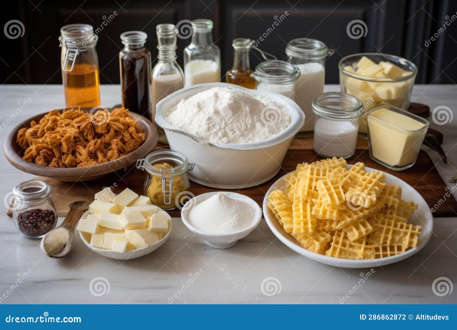 Waffle Ingredients Arranged on a Kitchen Counter Stock Photo Image of