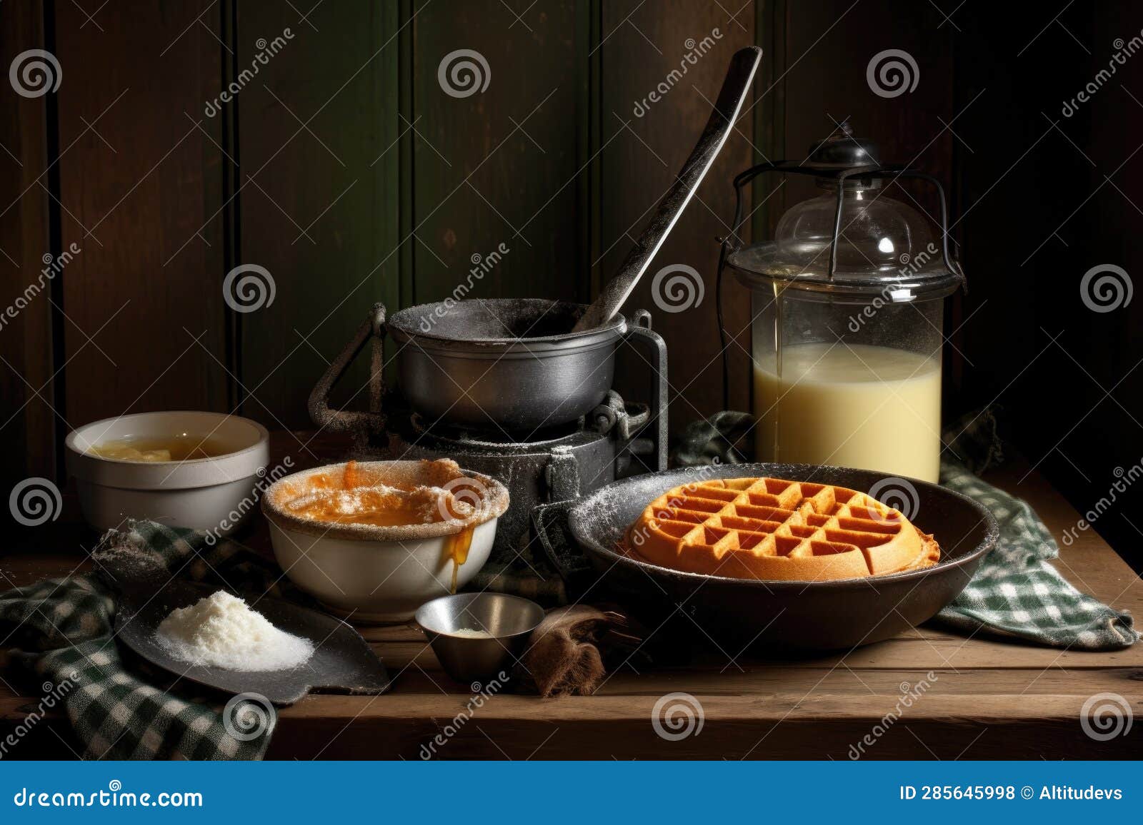 Waffle Iron and Batter Bowl on a Rustic Table Stock Photo Image of