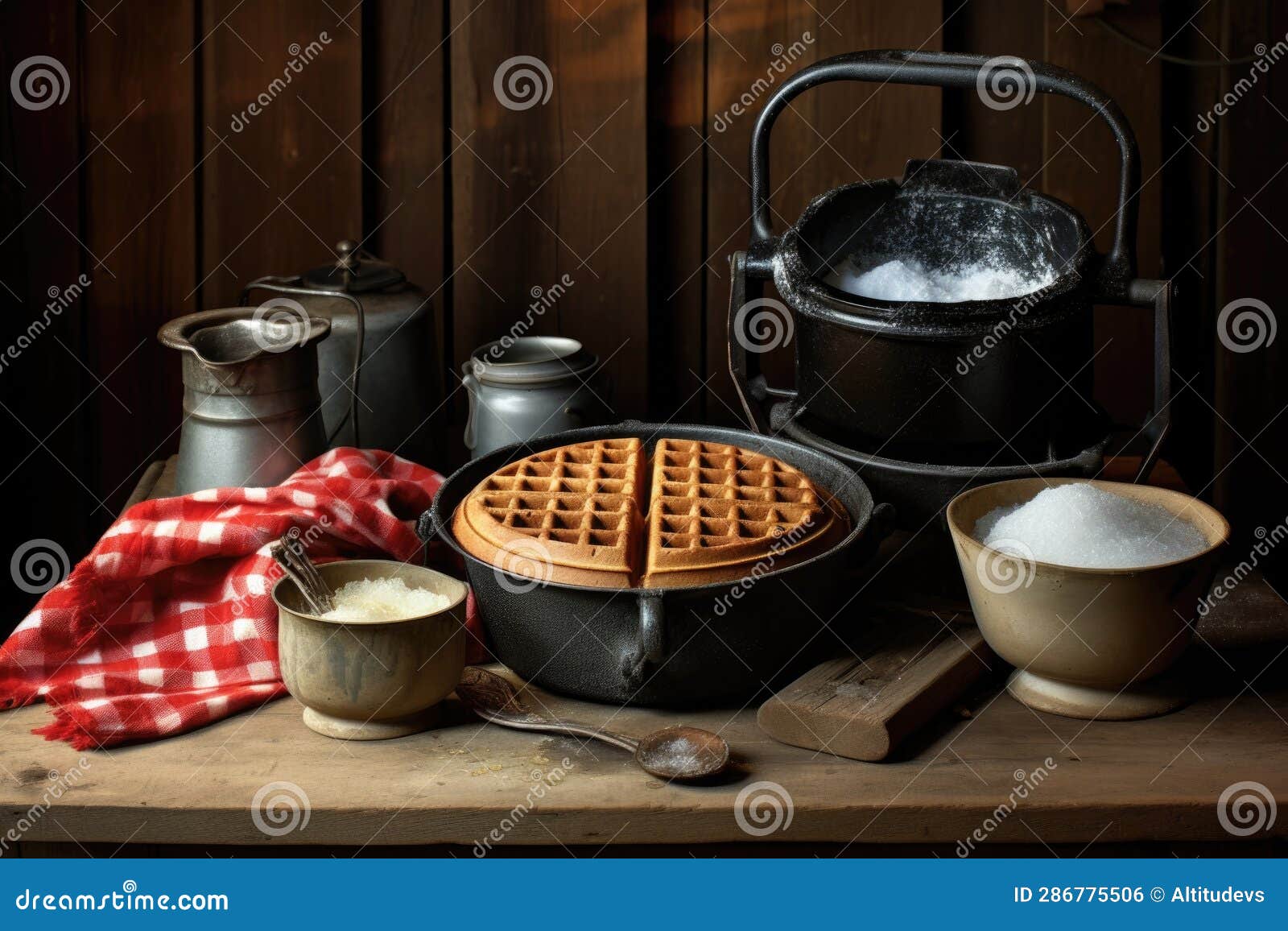 Waffle Iron and Batter Bowl on a Rustic Table Stock Photo Image of