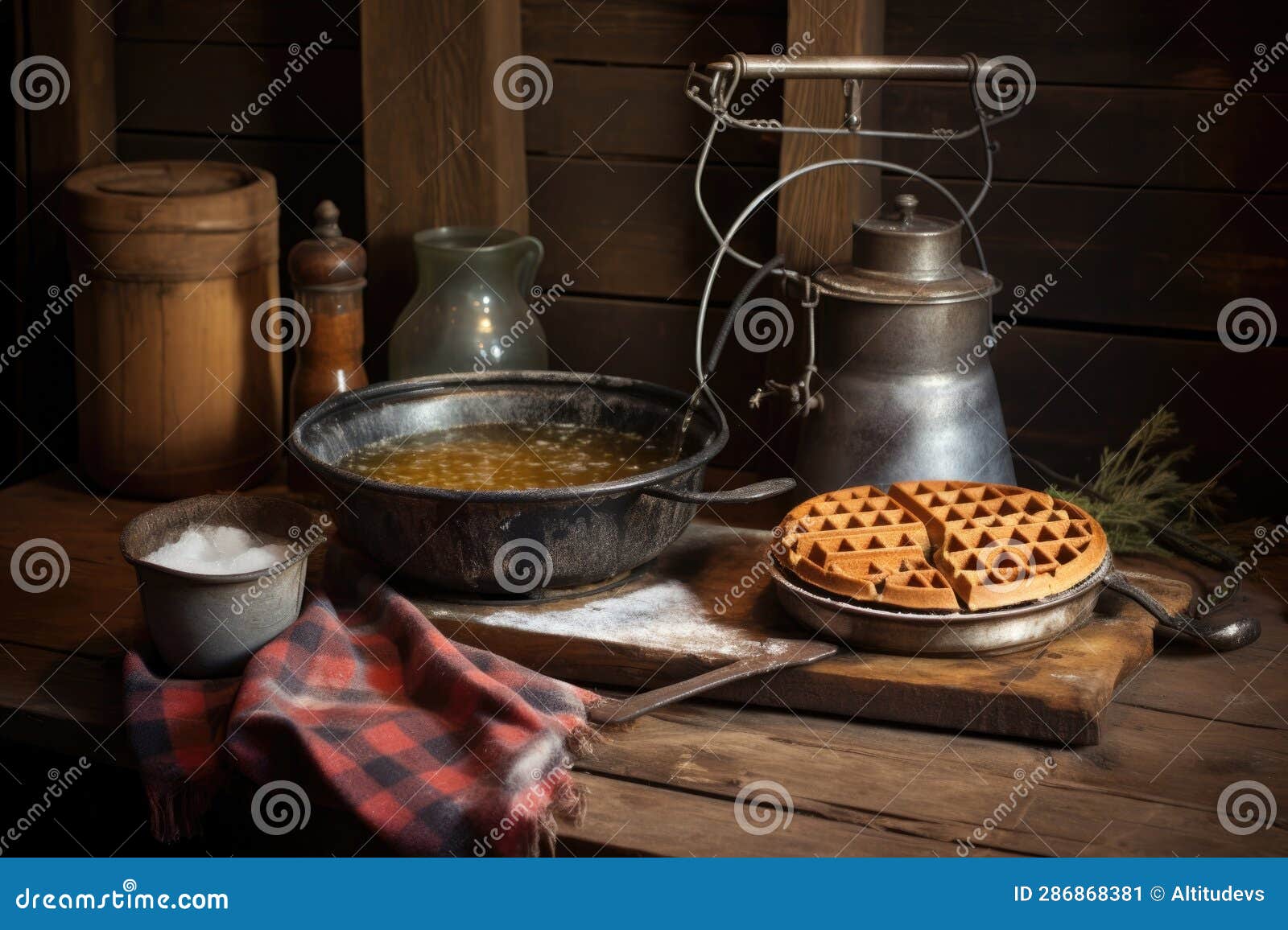 Waffle Iron and Batter Bowl on a Rustic Table Stock Image Image of