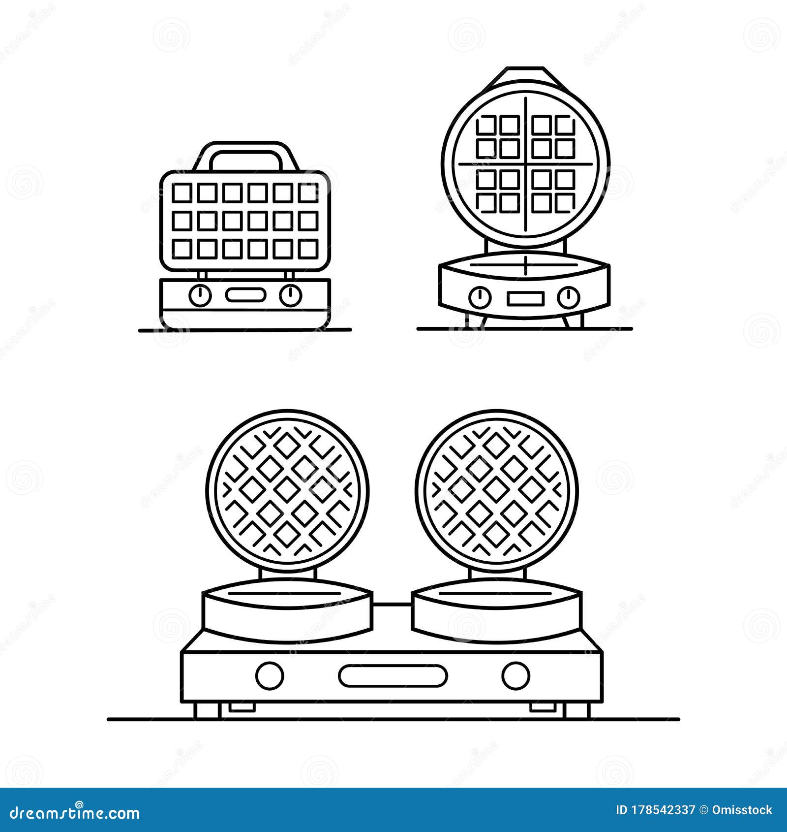 Waffleiron Icons Set. Black Linear Icons on White Background. Stock