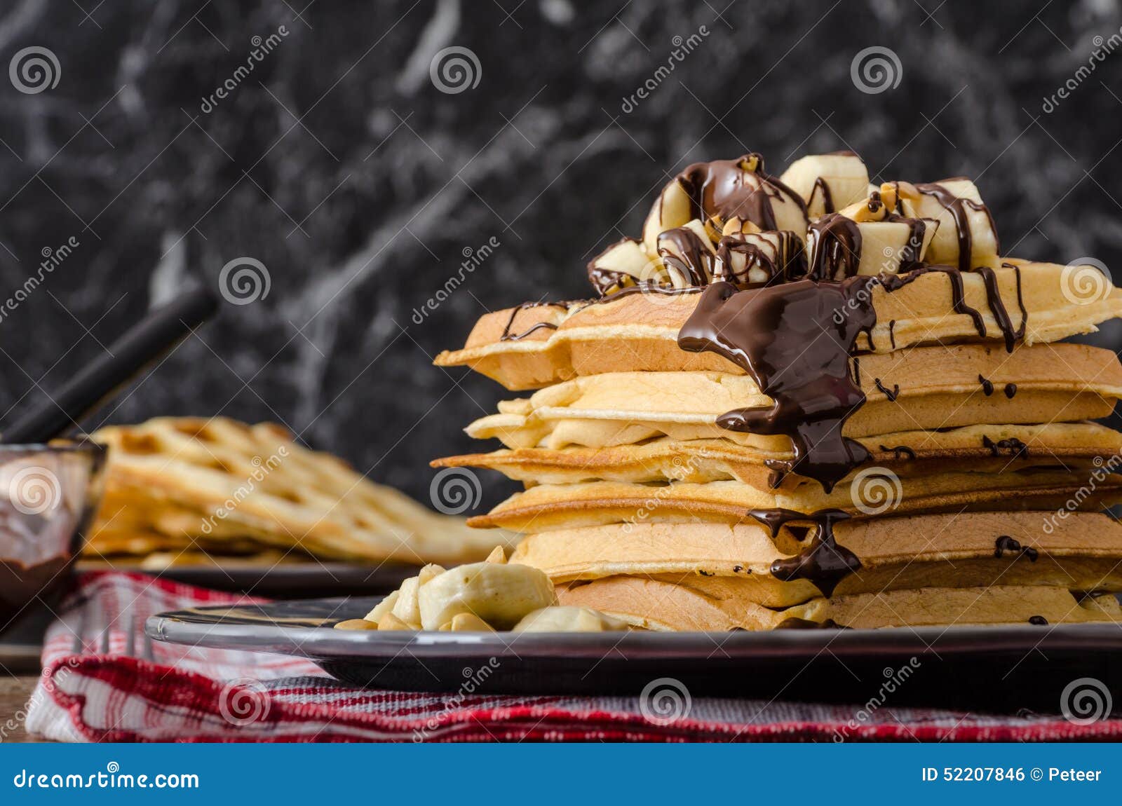 Waffles with Bananas, Nuts and Chocolate Stock Photo Image of food