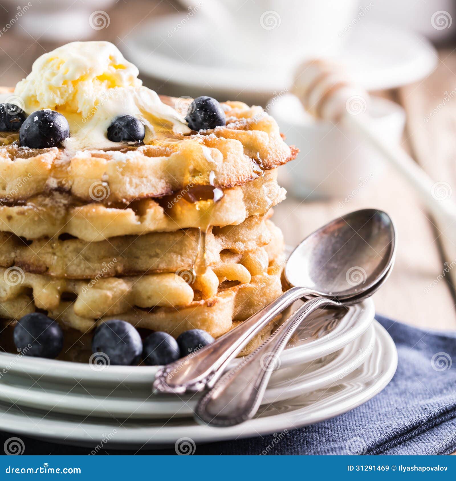 Waffles with Blueberries and Ice Cream Stock Image Image of plate