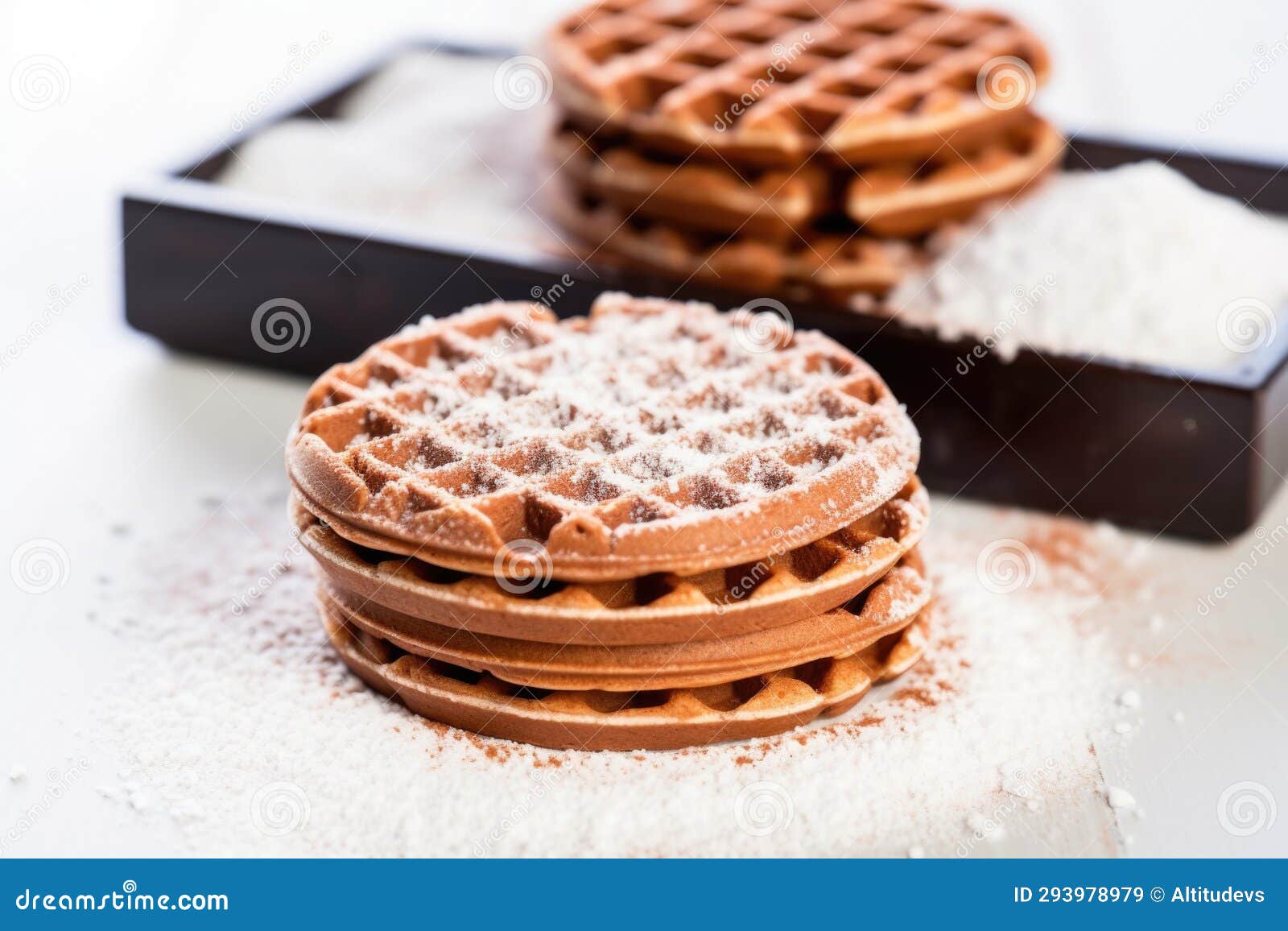 Waffles with a Dusting of Cocoa Powder on a White Bezel Stock