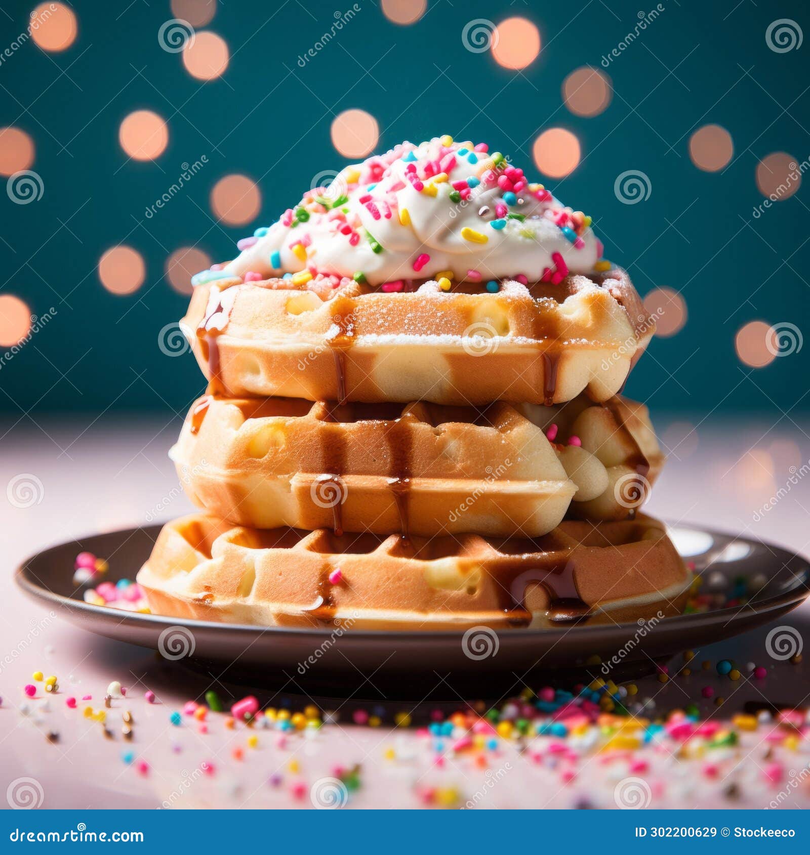 pop culture waffles with whipped cream and sprinkles