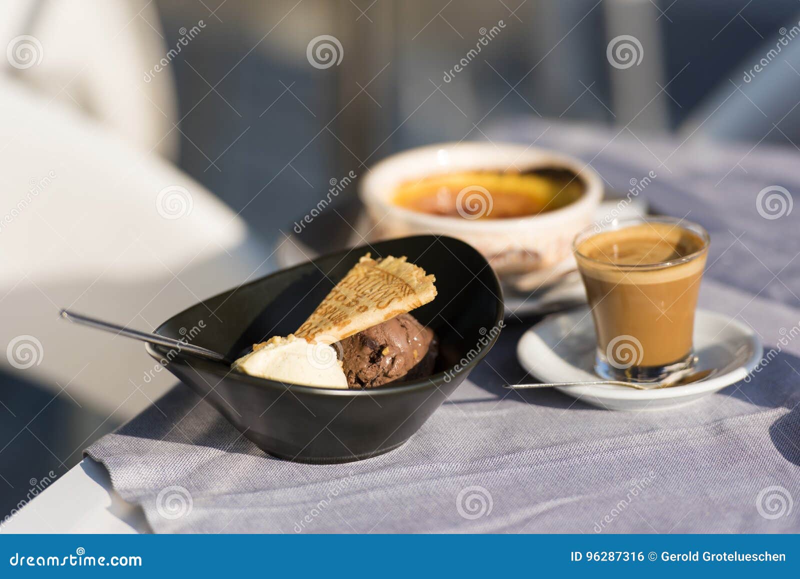 Waffles with Ice Cream and Coffee. Spanish Dessert. Stock Photo Image