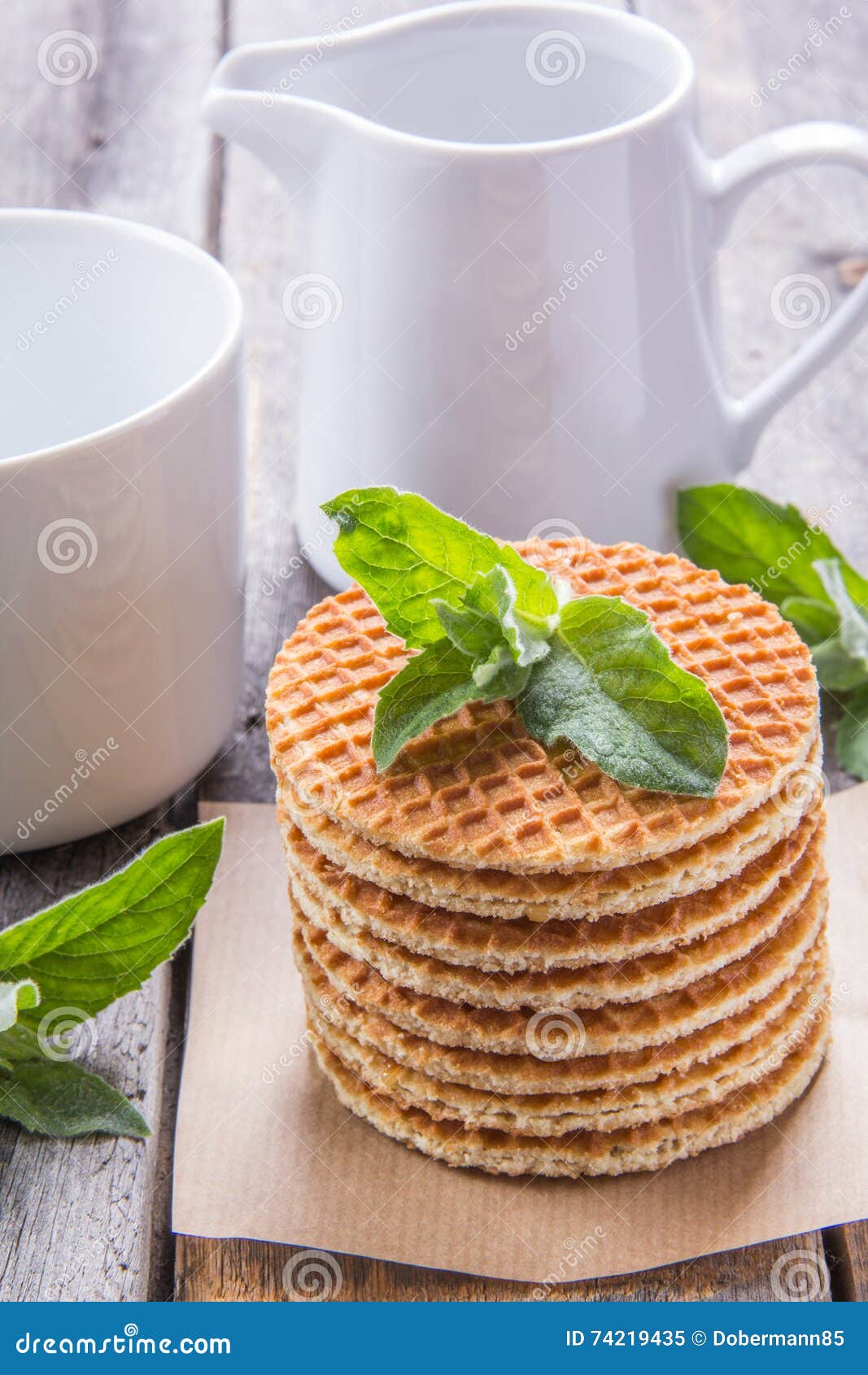 Waffles with Peppermint and Tea with Milk Stock Image Image of yellow
