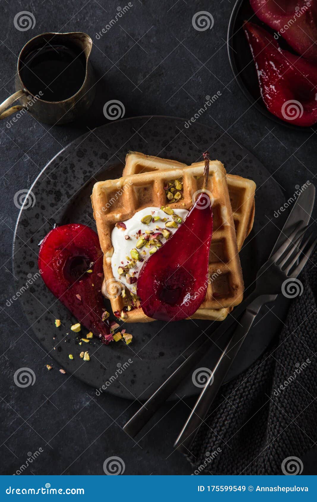 Waffles with Poached Pears, Yogurt and Pistachios Stock Image Image