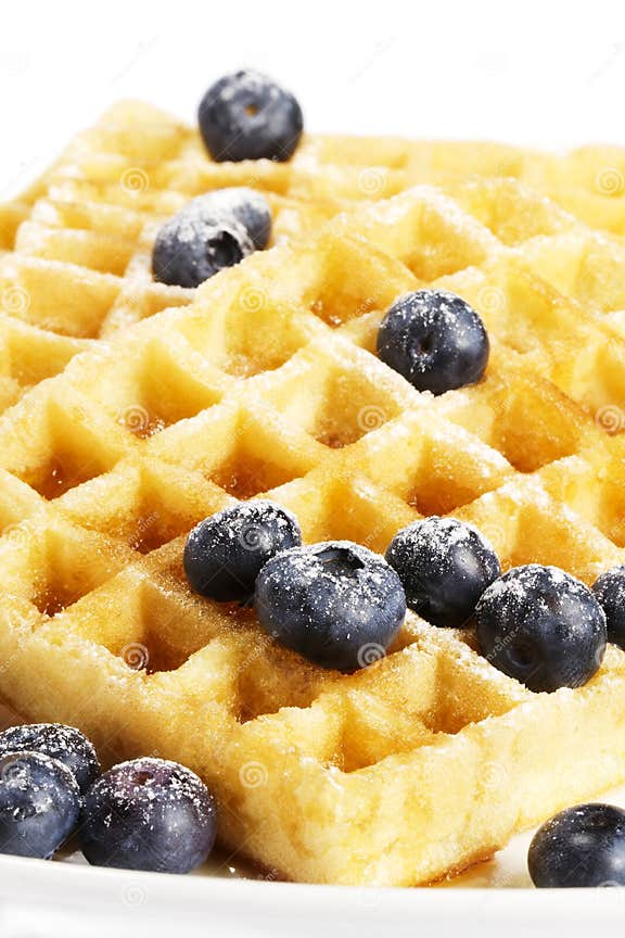 Waffles with Sugar Covered Blueberries and Syrup Stock Image Image of