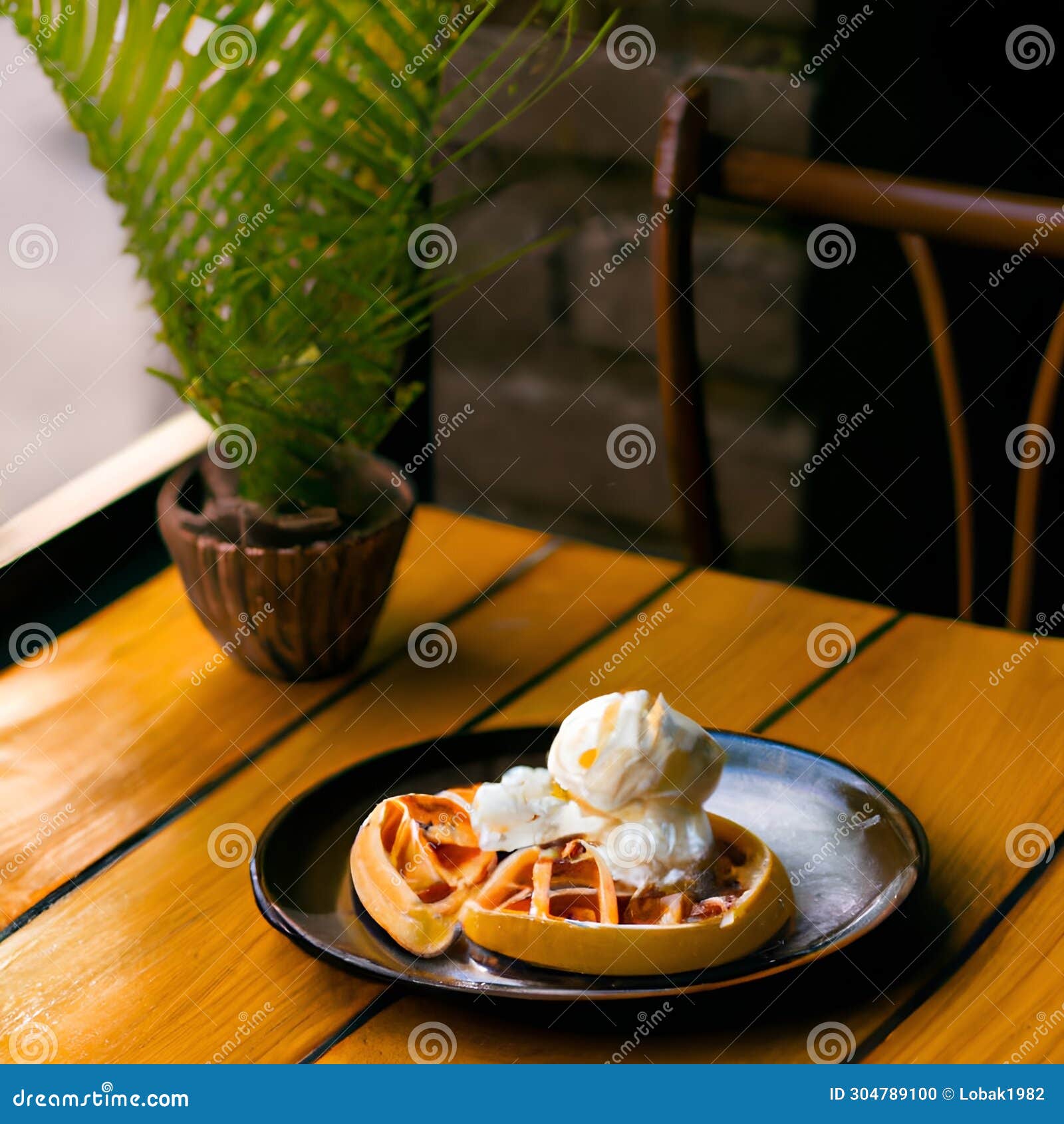Waffles with Vanilla Ice Cream Stock Illustration Illustration of