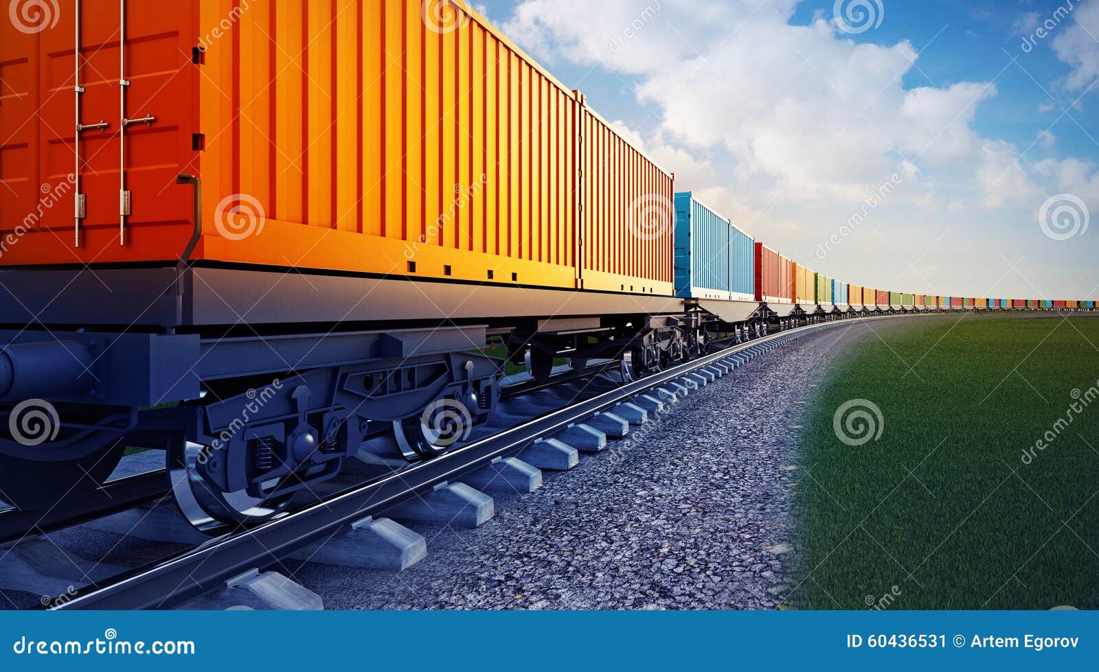 3d illustration of wagon of freight train with containers on the sky background