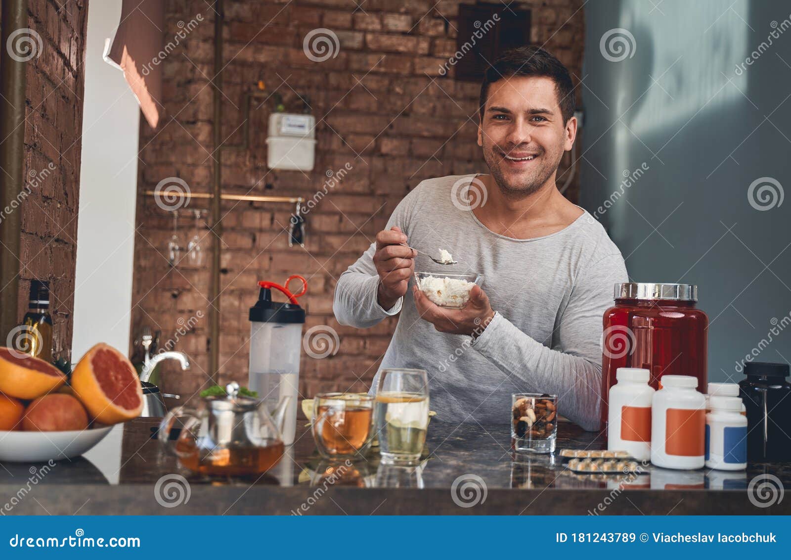 Fit Handsome Caucasian Male Eating Cottage Cheese Stock Image - Image ...